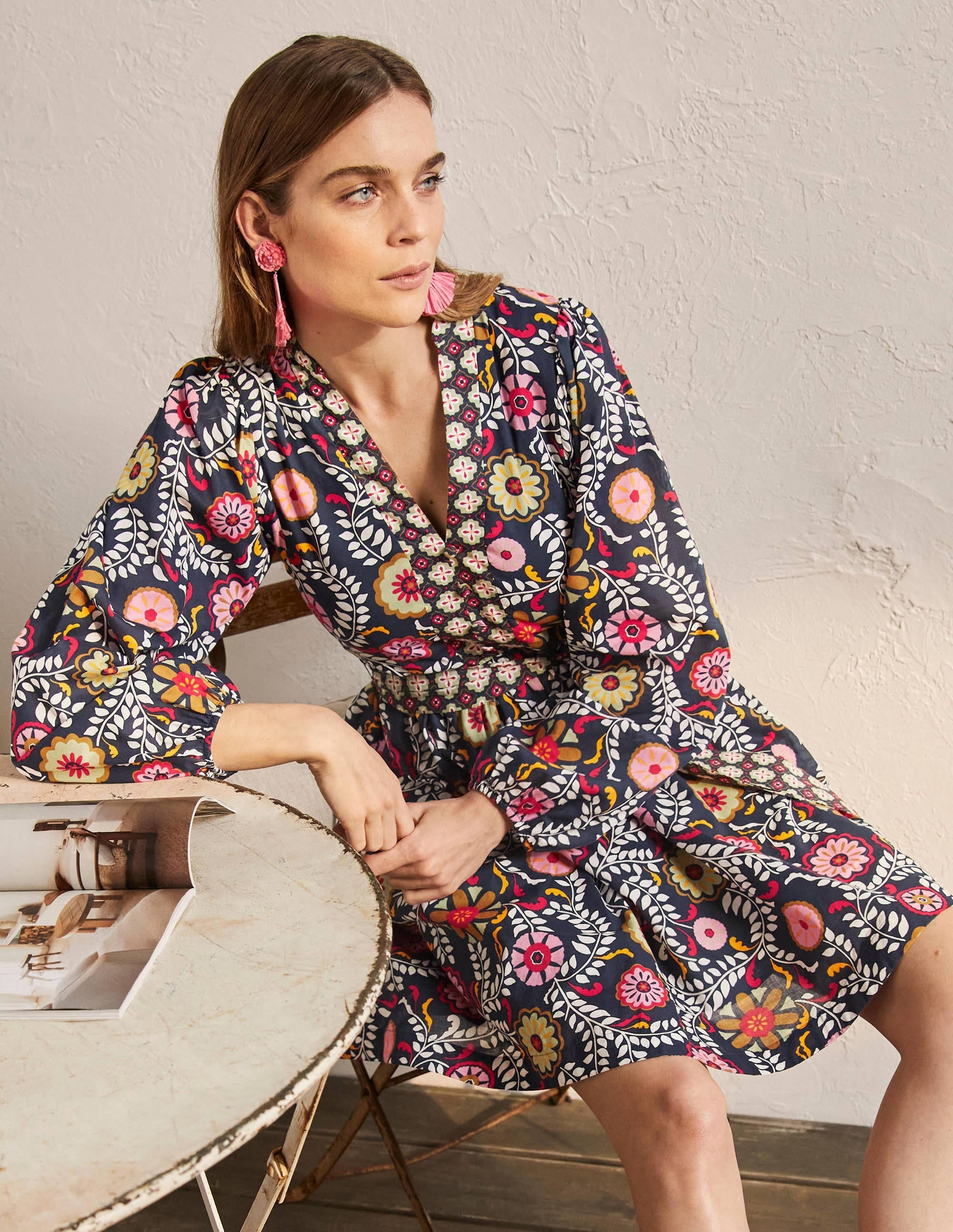 Notch Neck Cotton Dress-French Navy, Opulent Garden - Image 4
