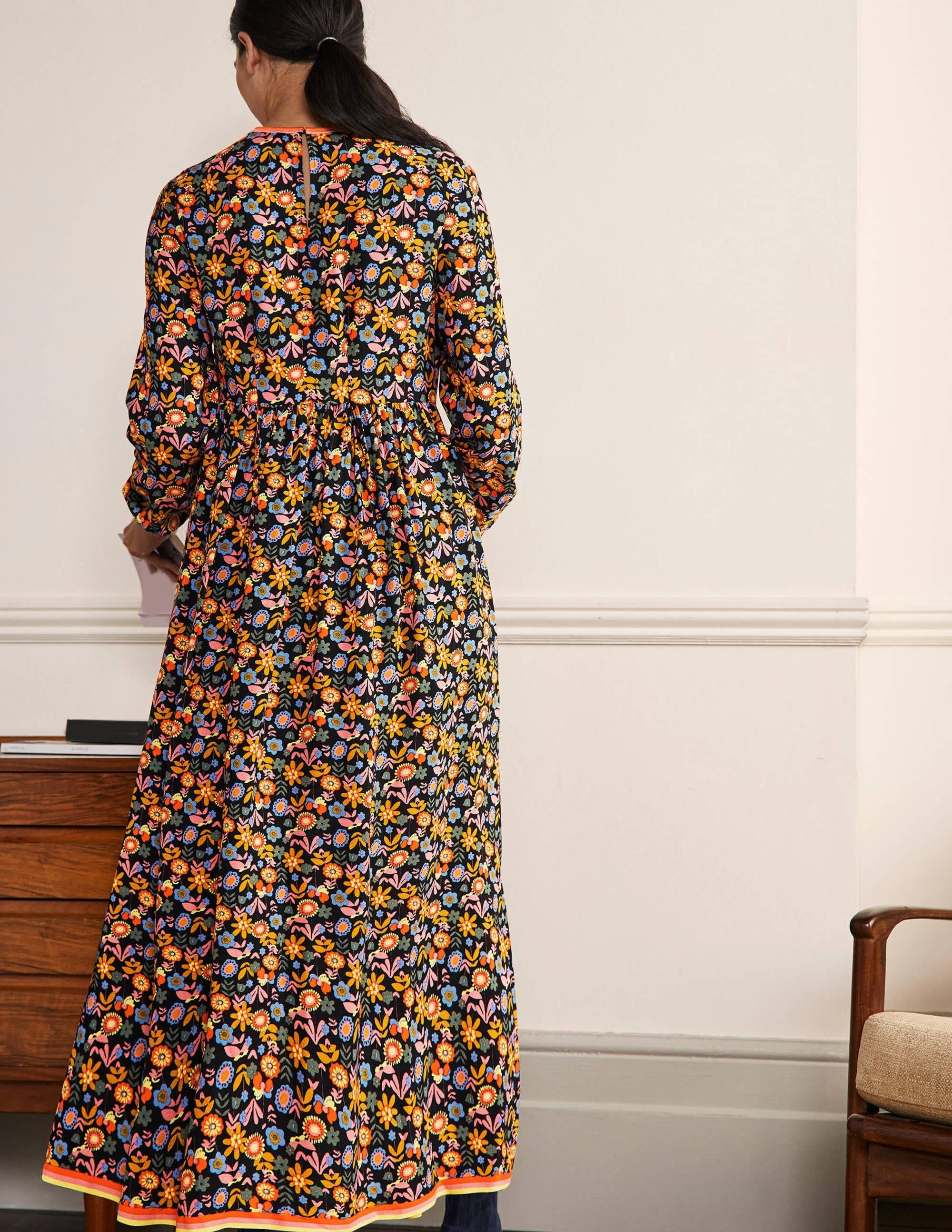 Trim Detail Maxi Dress-Black, Multi Flora Bloom - Image 3