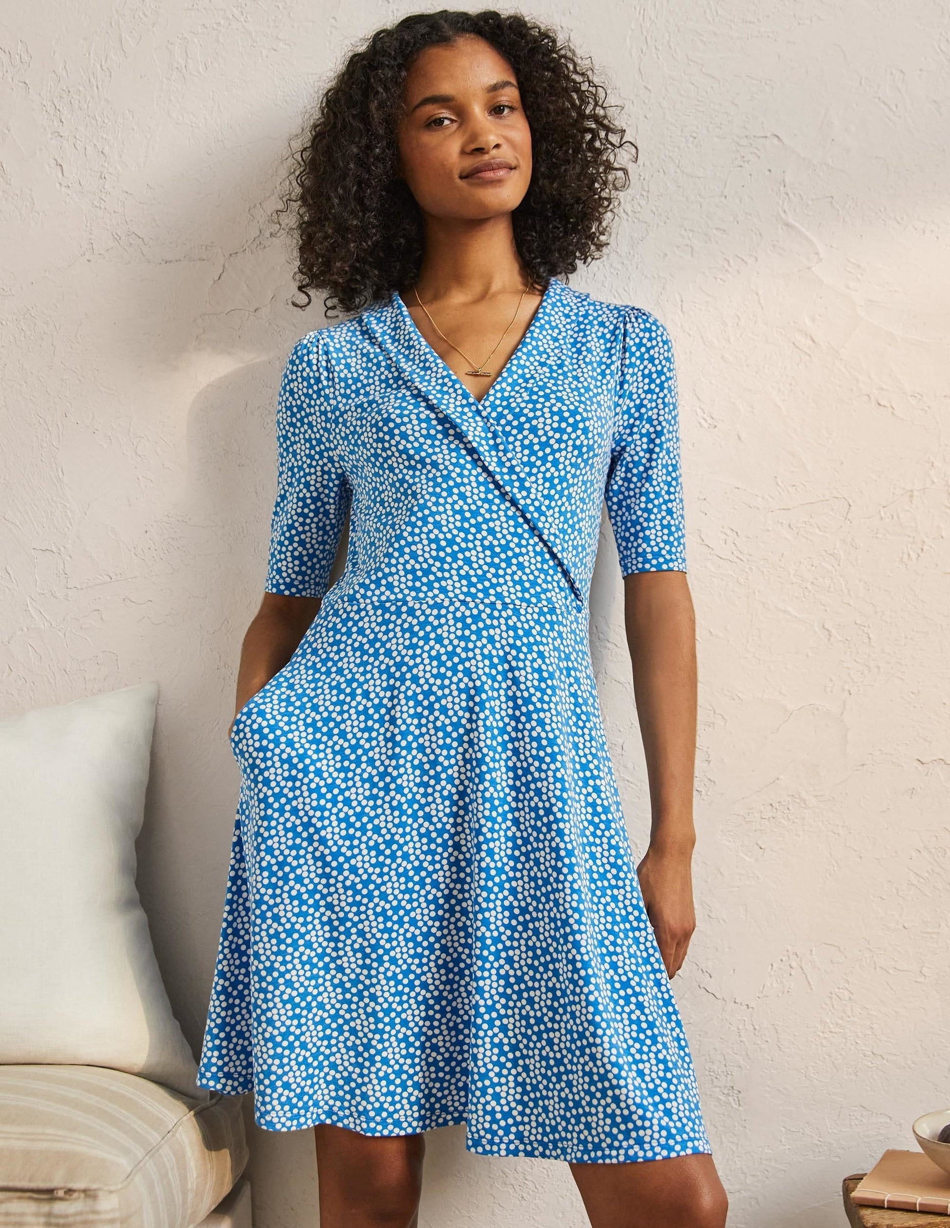 Fixed Wrap Jersey Dress-Moroccan Blue Spot-4