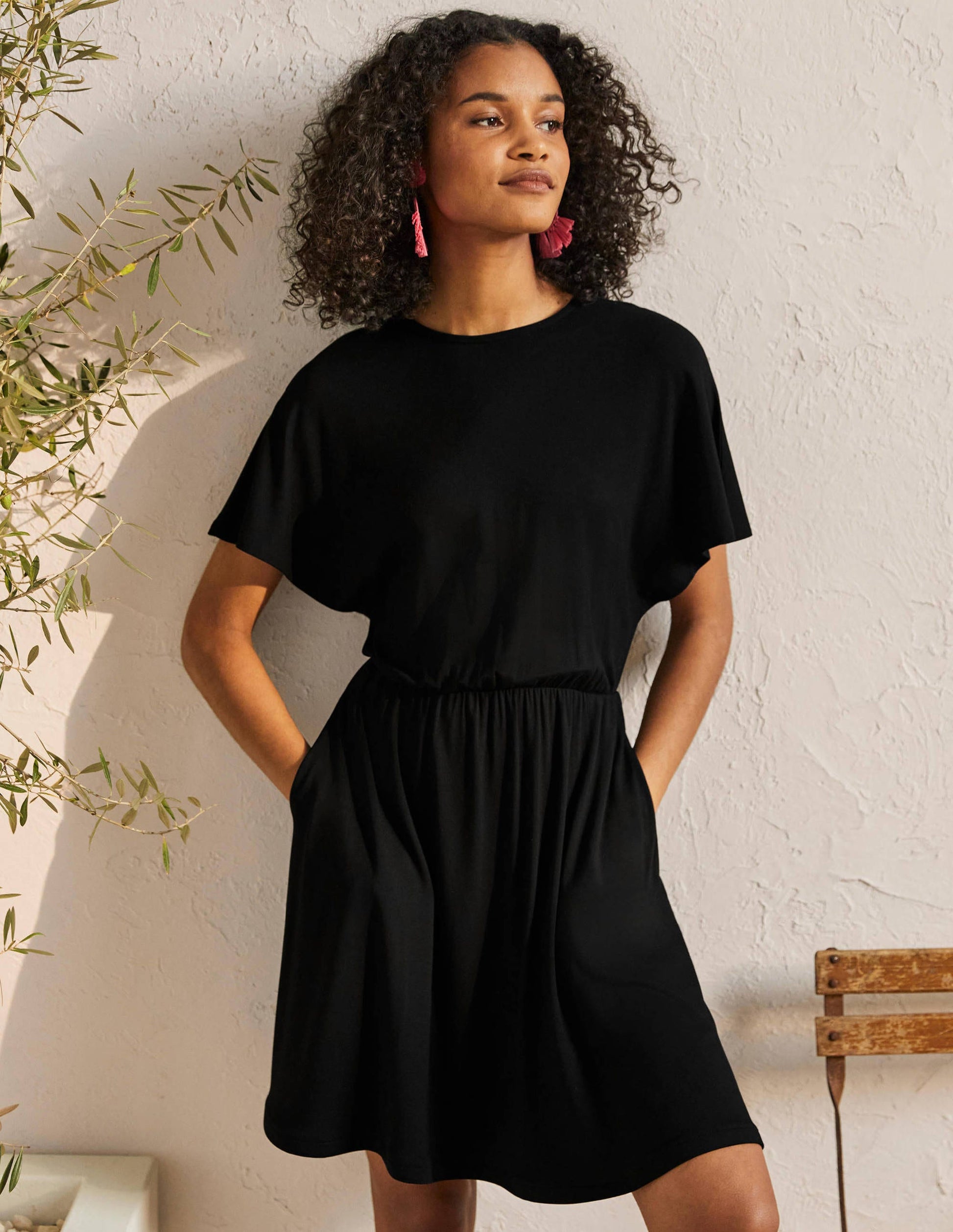 Flutter Sleeve Jersey Dress-Black-1
