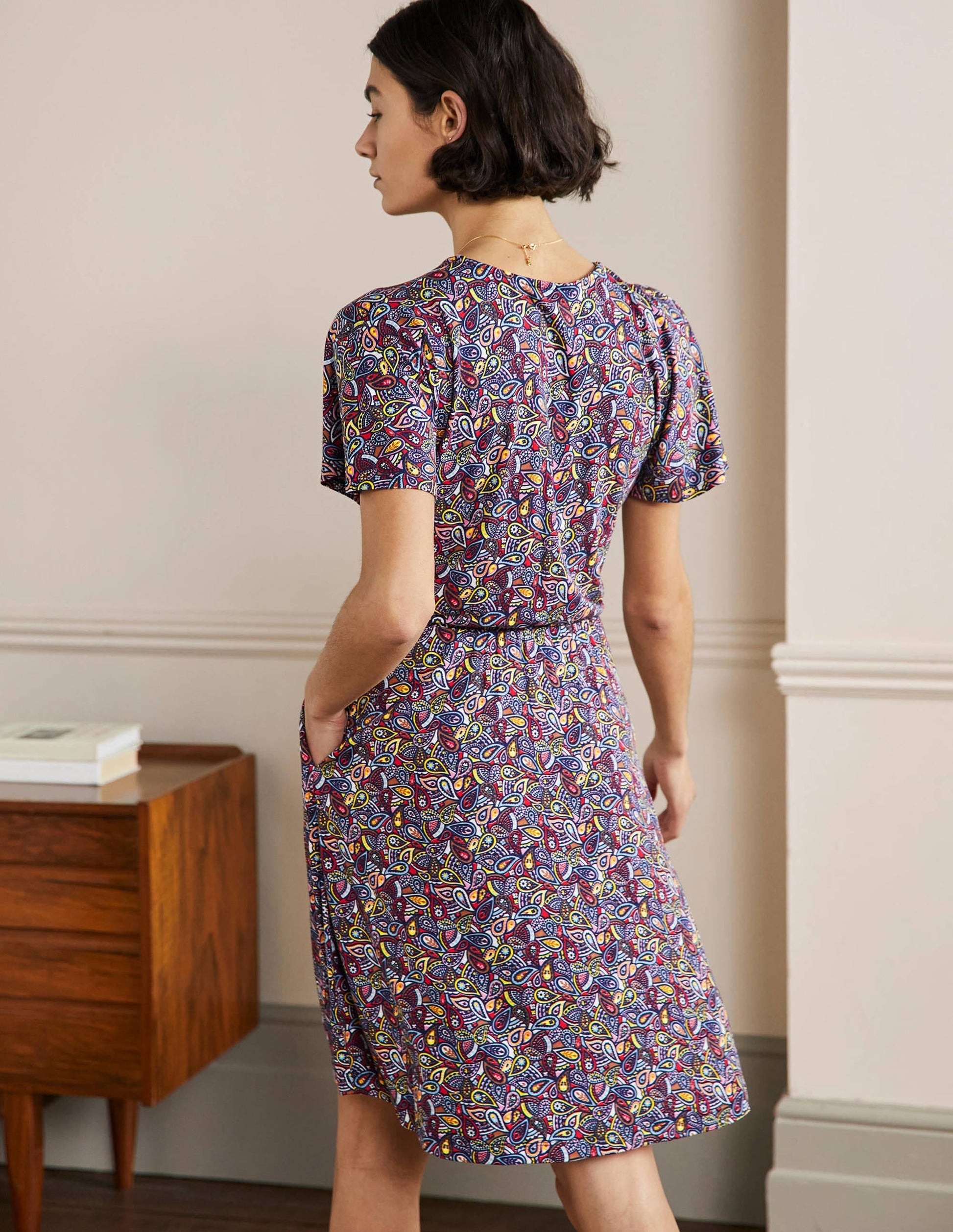 Flutter Sleeve Jersey Dress-Navy Paisley Blush-4
