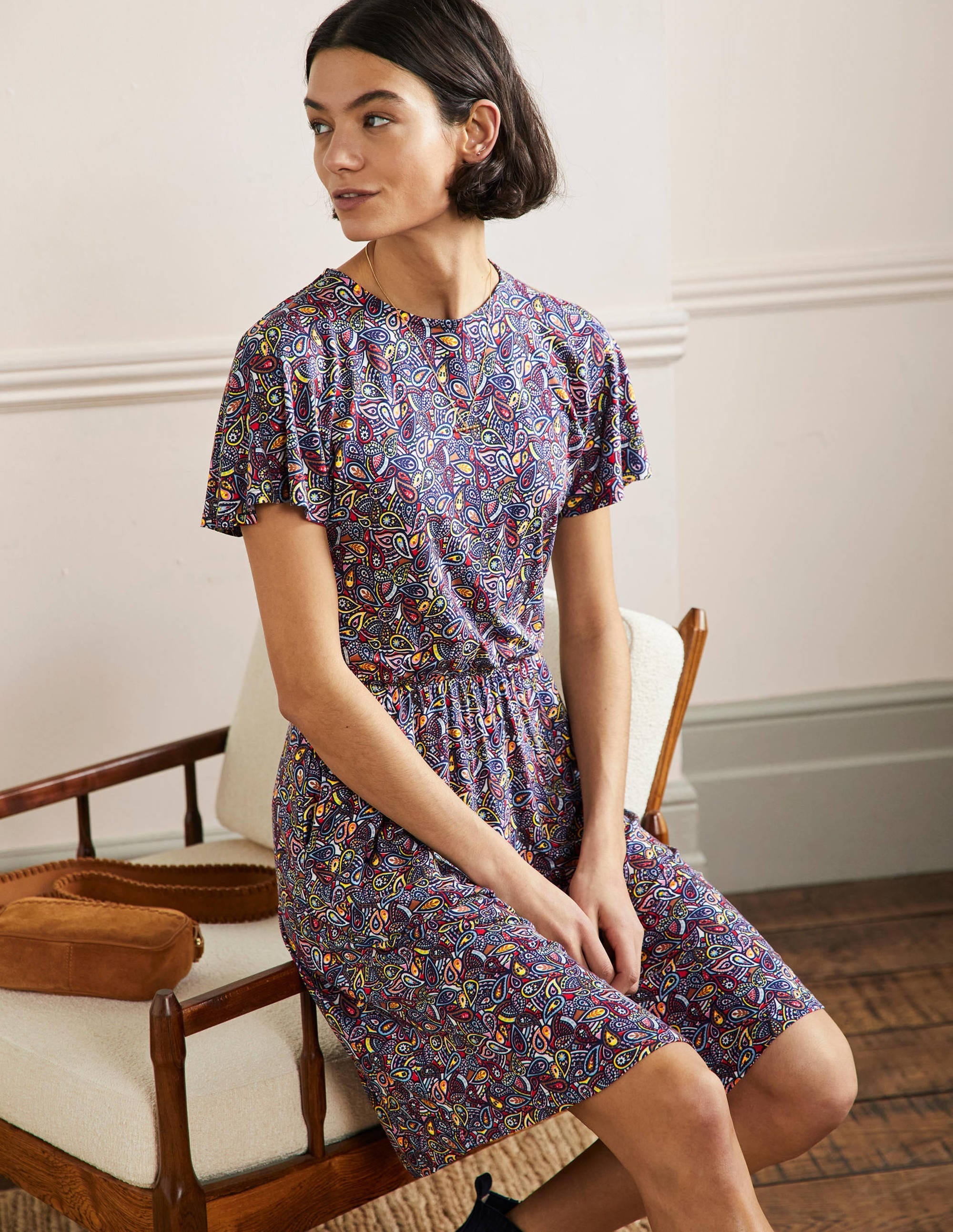 Flutter Sleeve Jersey Dress-Navy Paisley Blush - Image 5