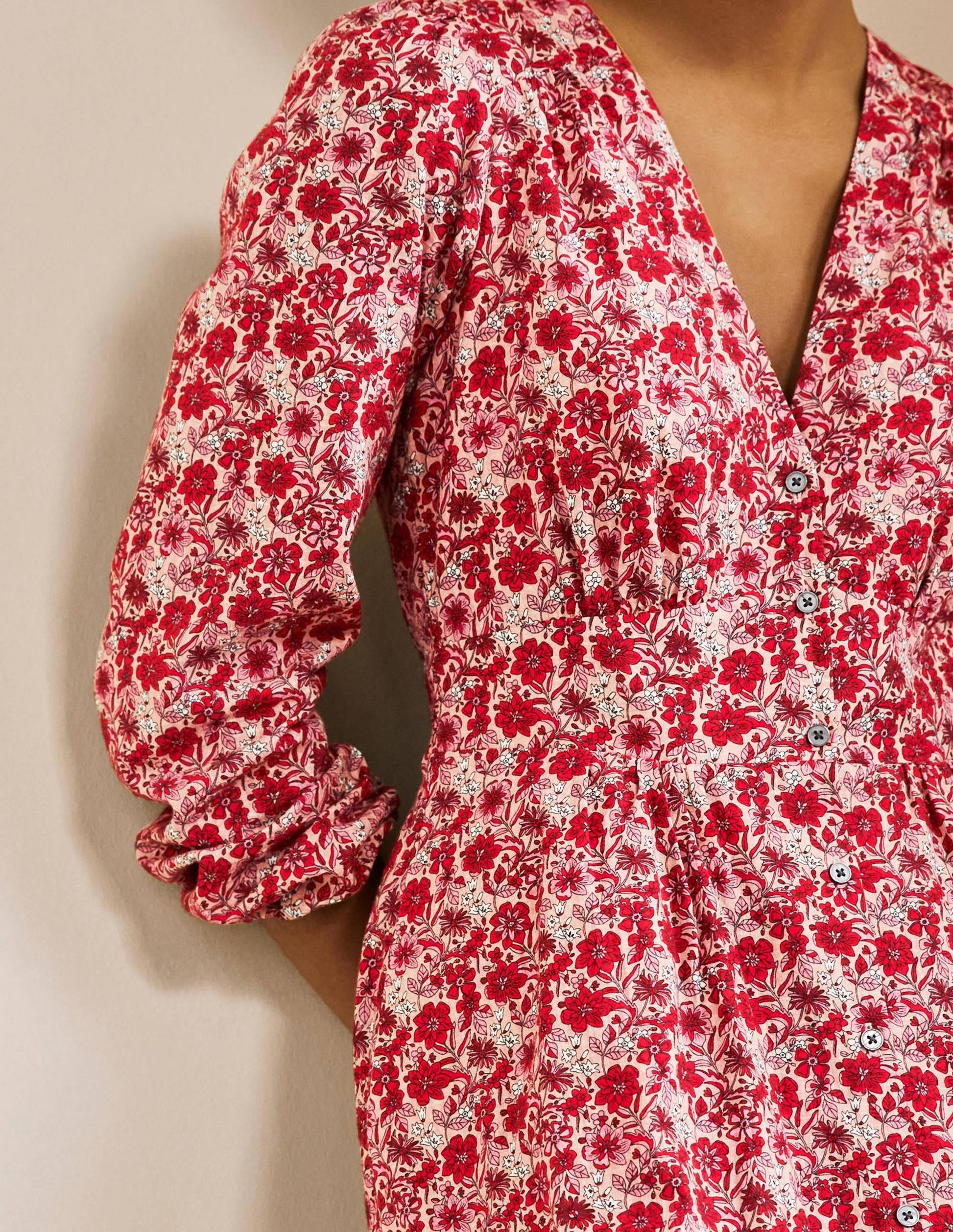 Button Through Maxi Tea Dress-Red, Floret Bloom-2