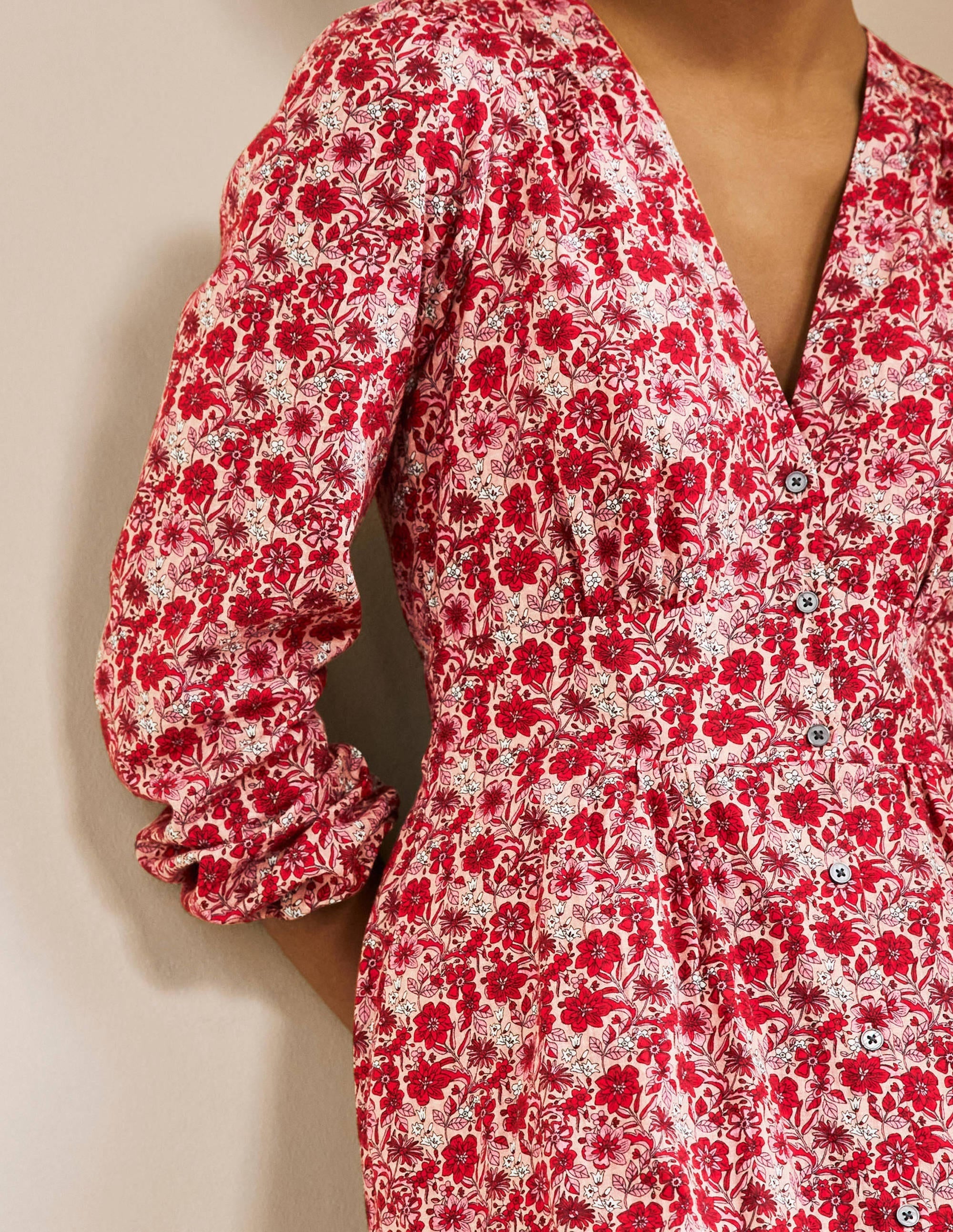 Button Through Maxi Tea Dress-Red, Floret Bloom - Image 2