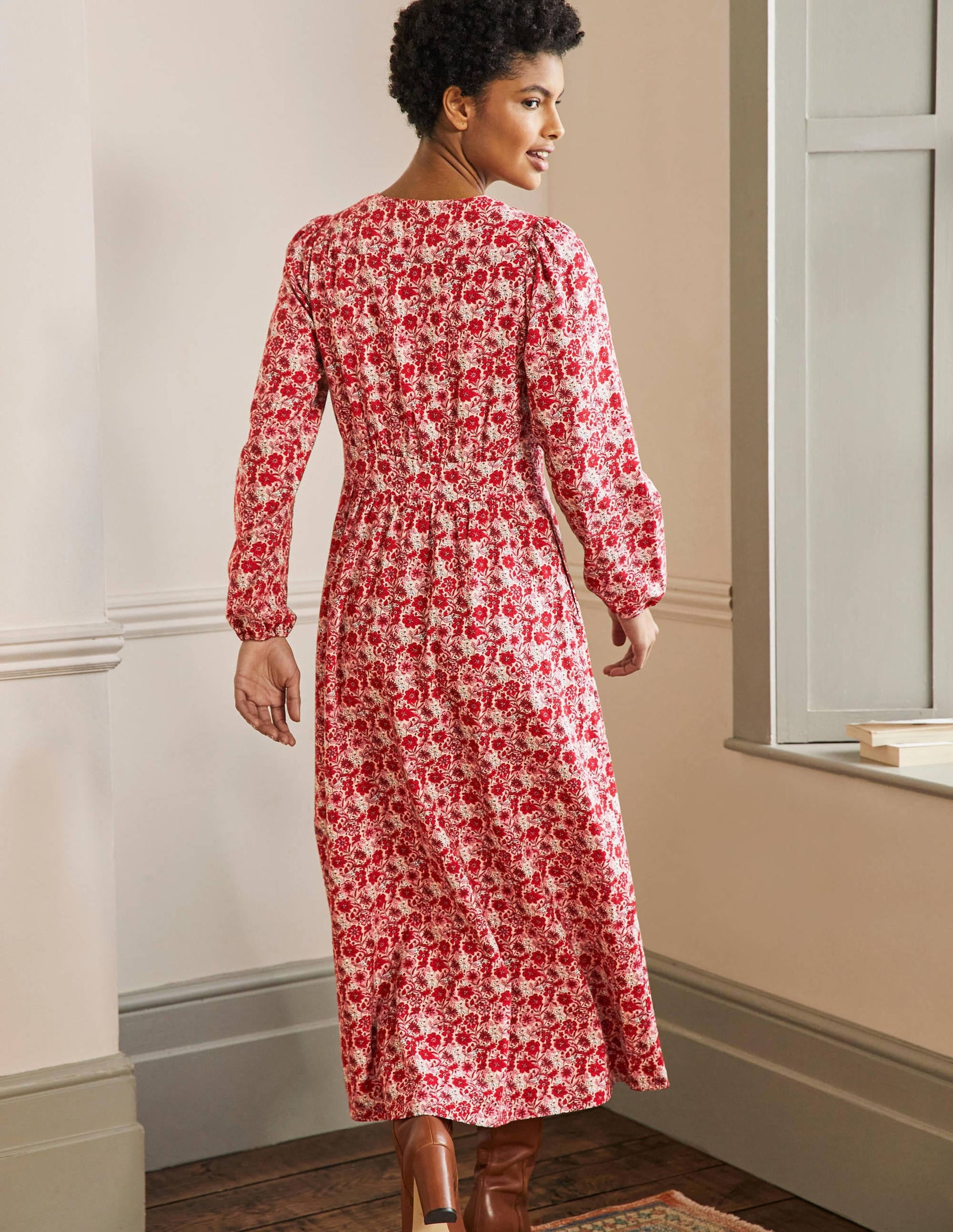 Button Through Maxi Tea Dress-Red, Floret Bloom-3