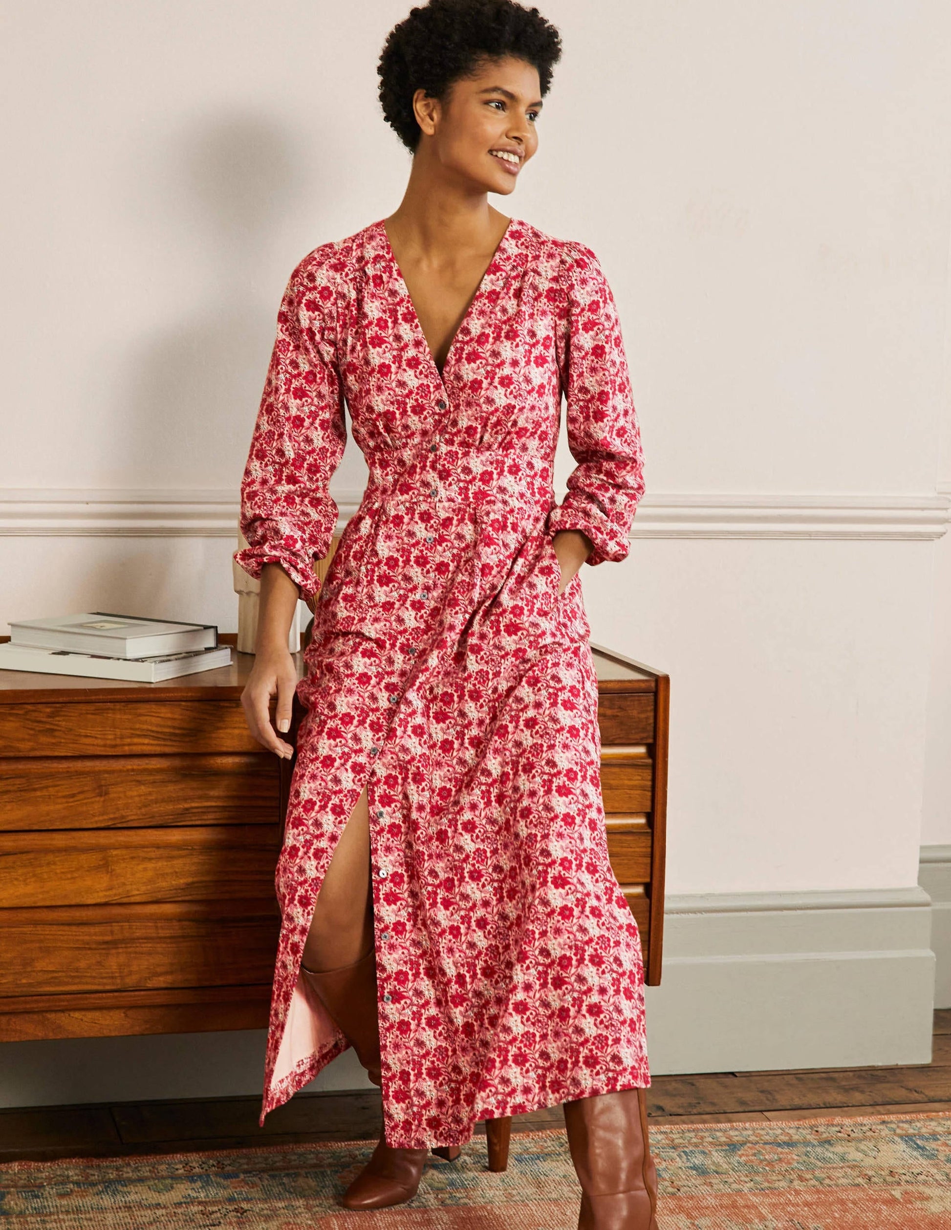 Button Through Maxi Tea Dress-Red, Floret Bloom-4