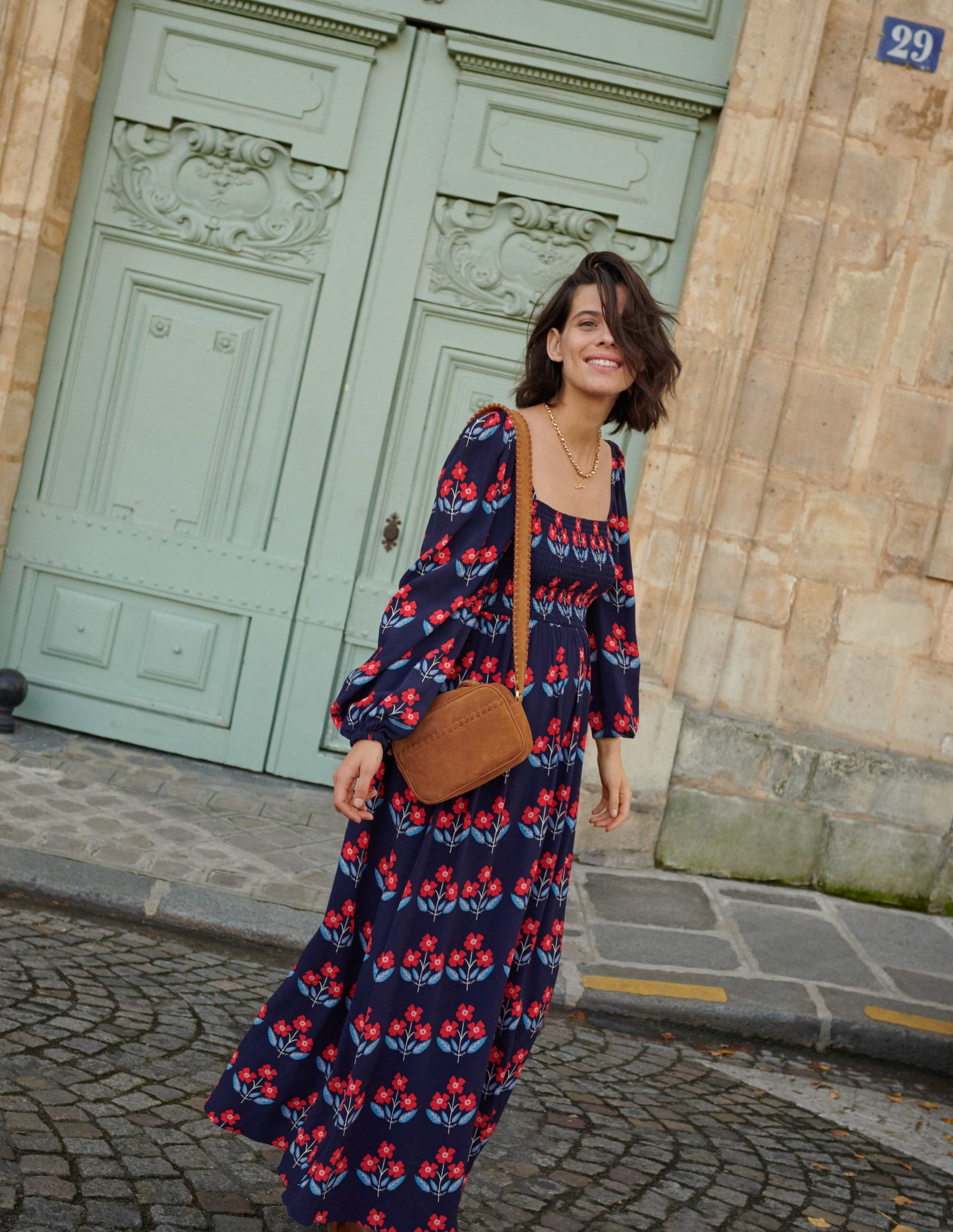 Square Neck Smocked Maxi Dress-French Navy, Blossoming Bud-5