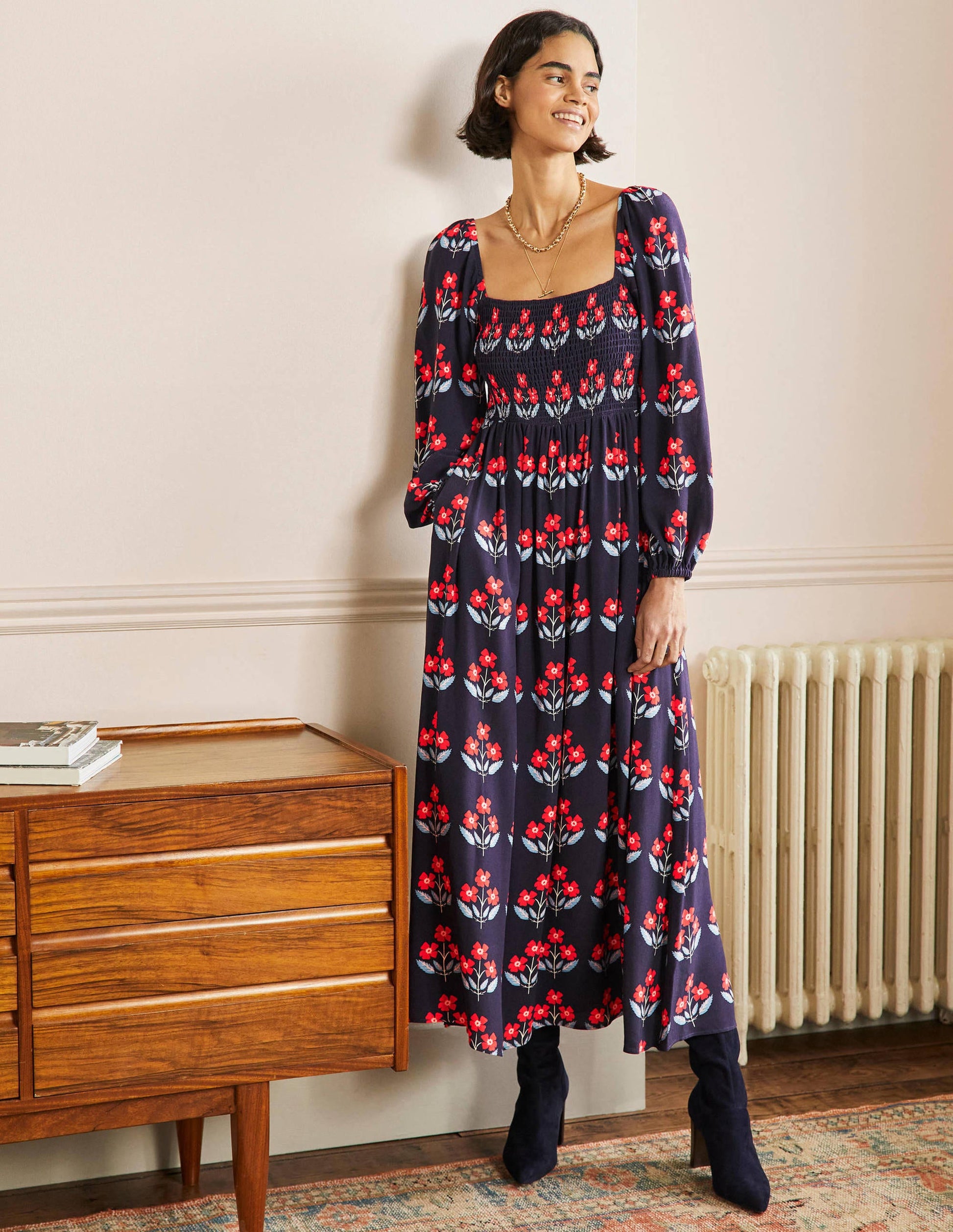 Square Neck Smocked Maxi Dress-French Navy, Blossoming Bud-1