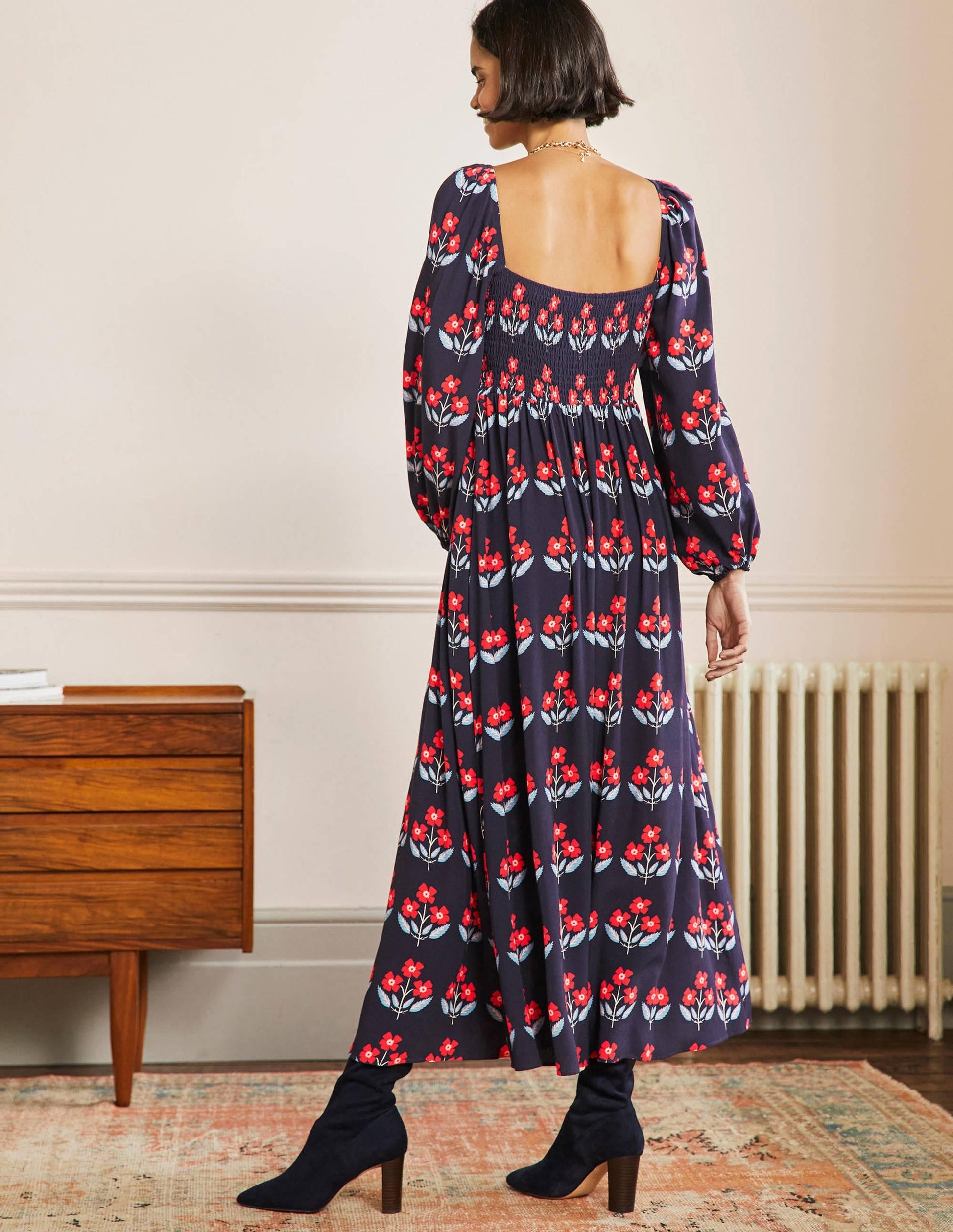 Square Neck Smocked Maxi Dress-French Navy, Blossoming Bud-2