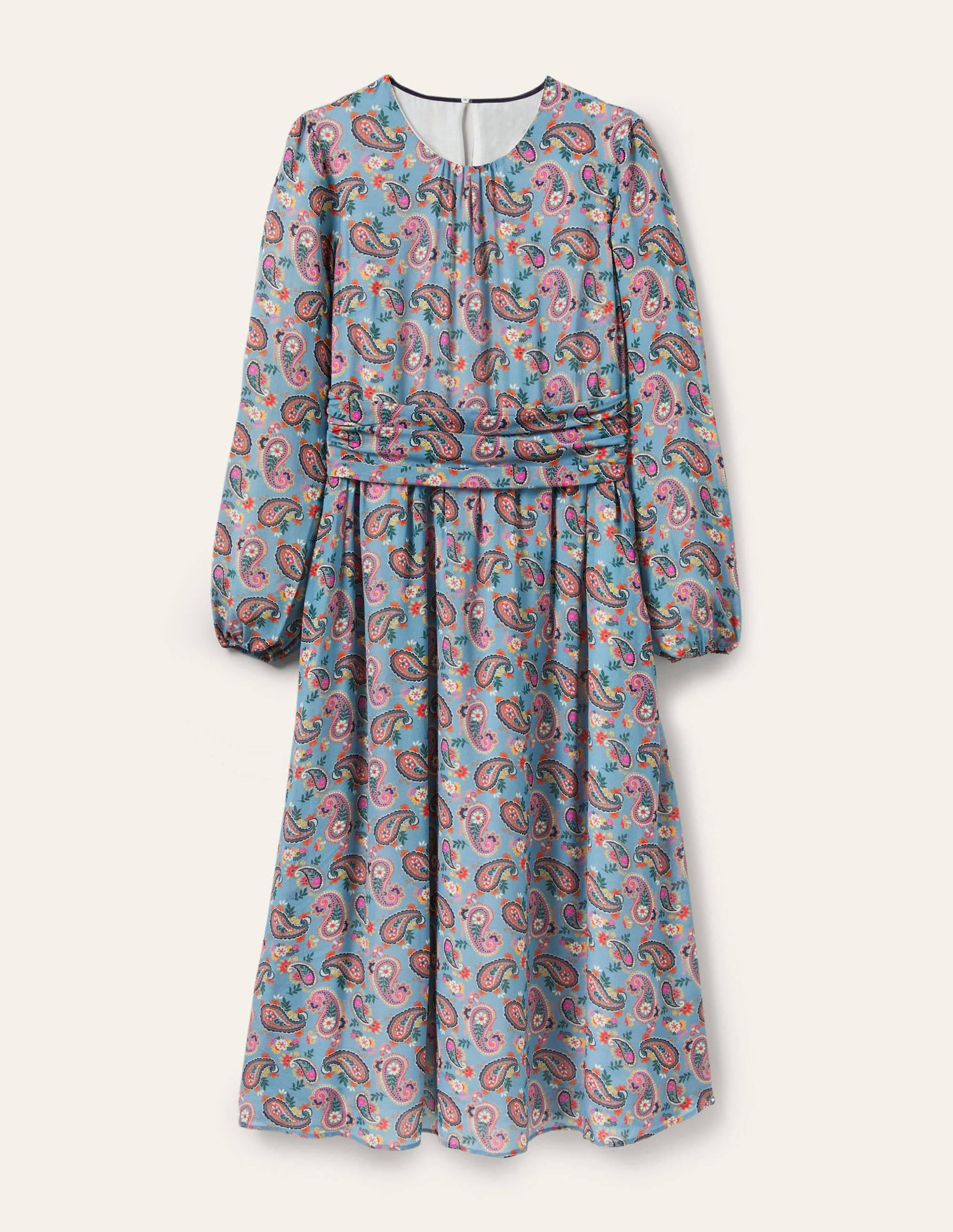 Ruched Waist Midi Dress-Dusty Blue, Paisley Bloom-5