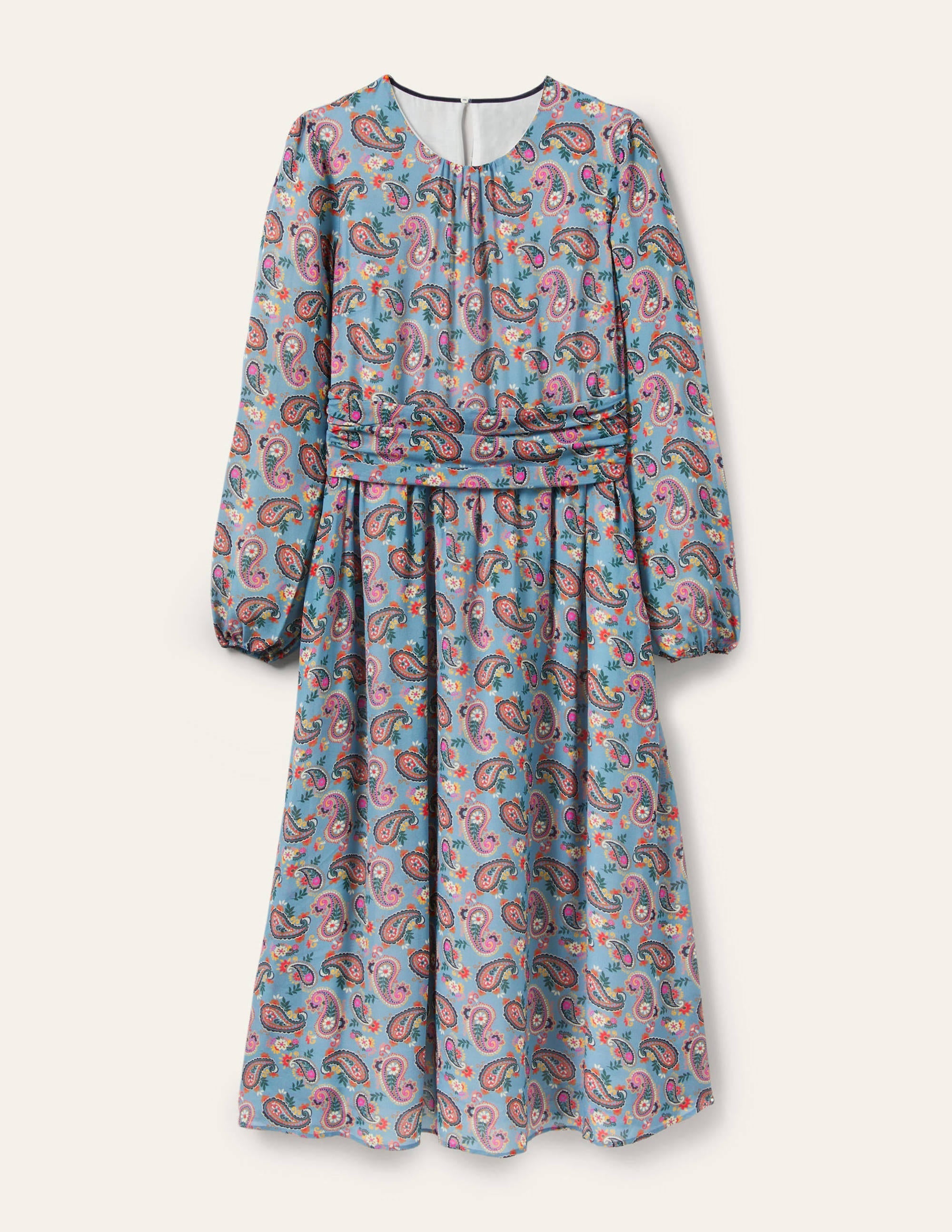 Ruched Waist Midi Dress-Dusty Blue, Paisley Bloom - Image 5