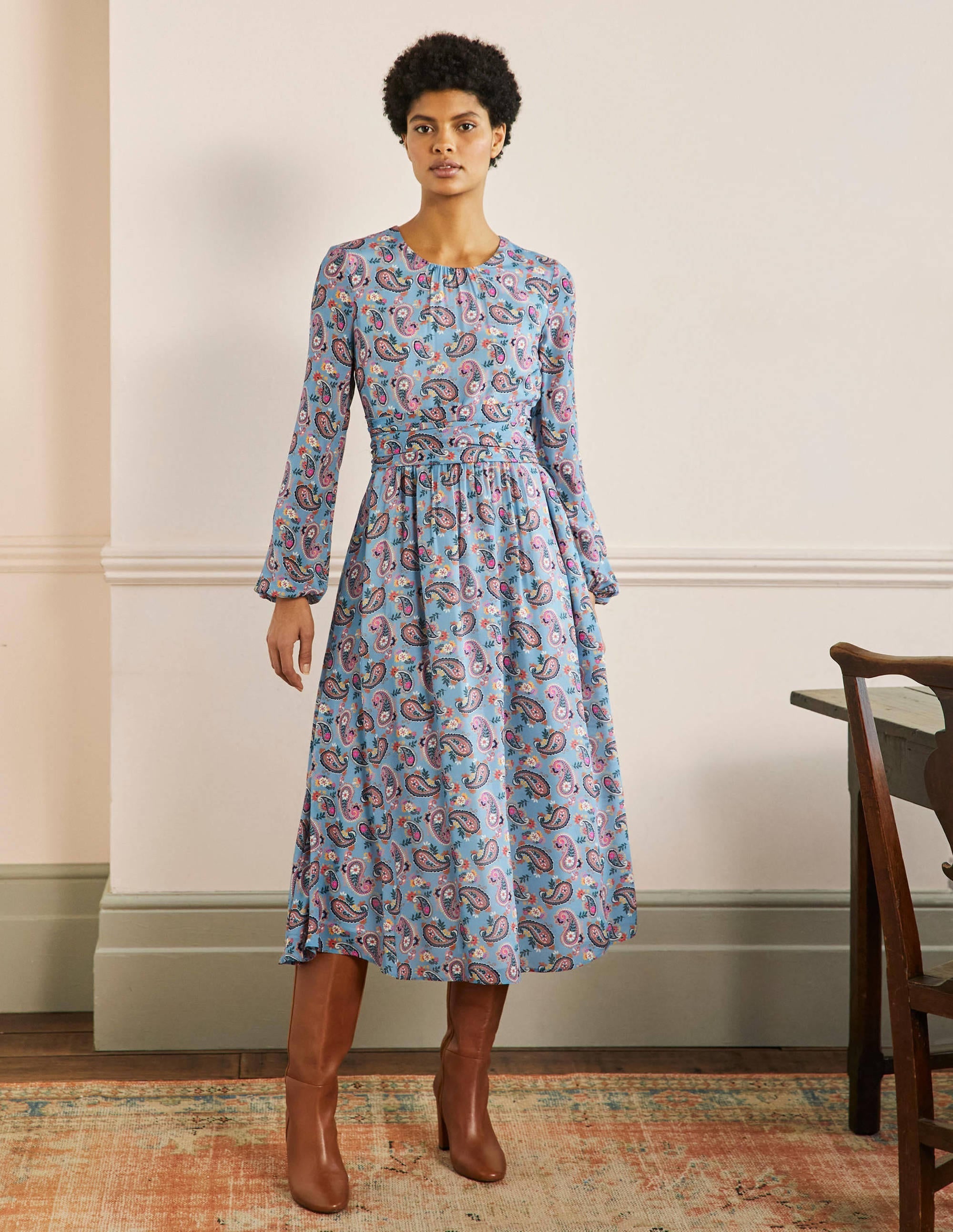 Ruched Waist Midi Dress-Dusty Blue, Paisley Bloom - Image 1