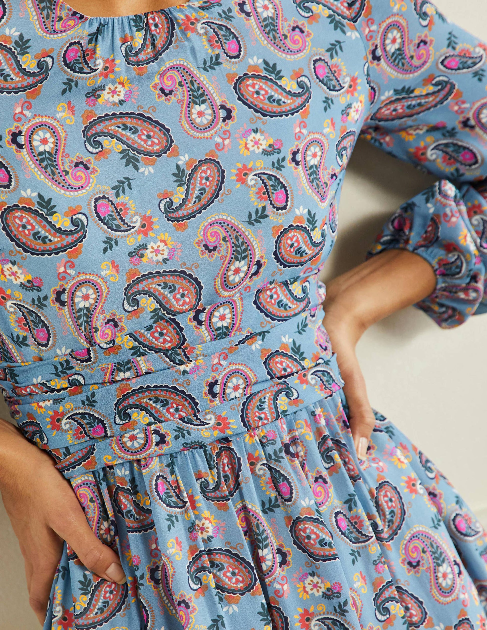 Ruched Waist Midi Dress-Dusty Blue, Paisley Bloom-2