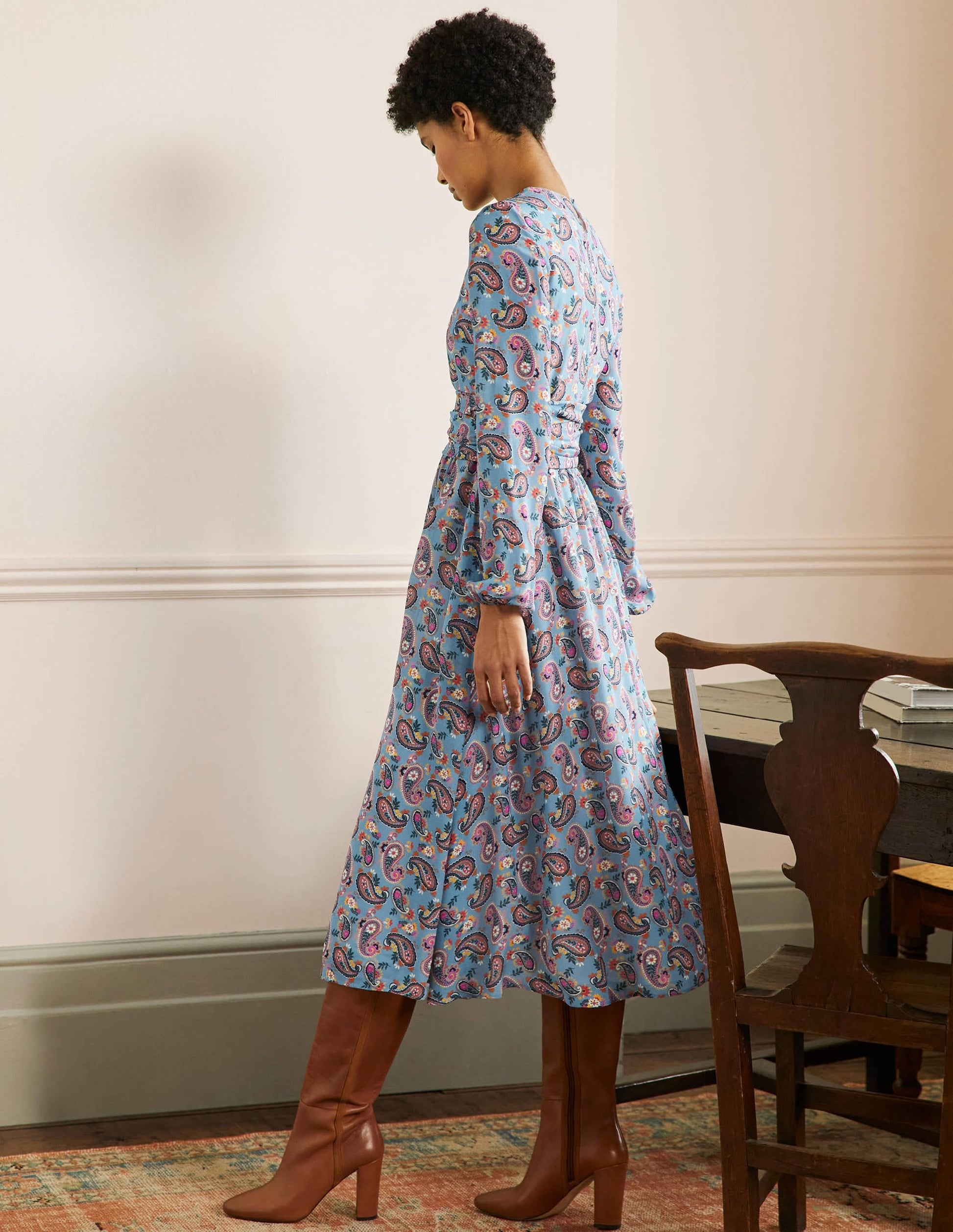 Ruched Waist Midi Dress-Dusty Blue, Paisley Bloom-3