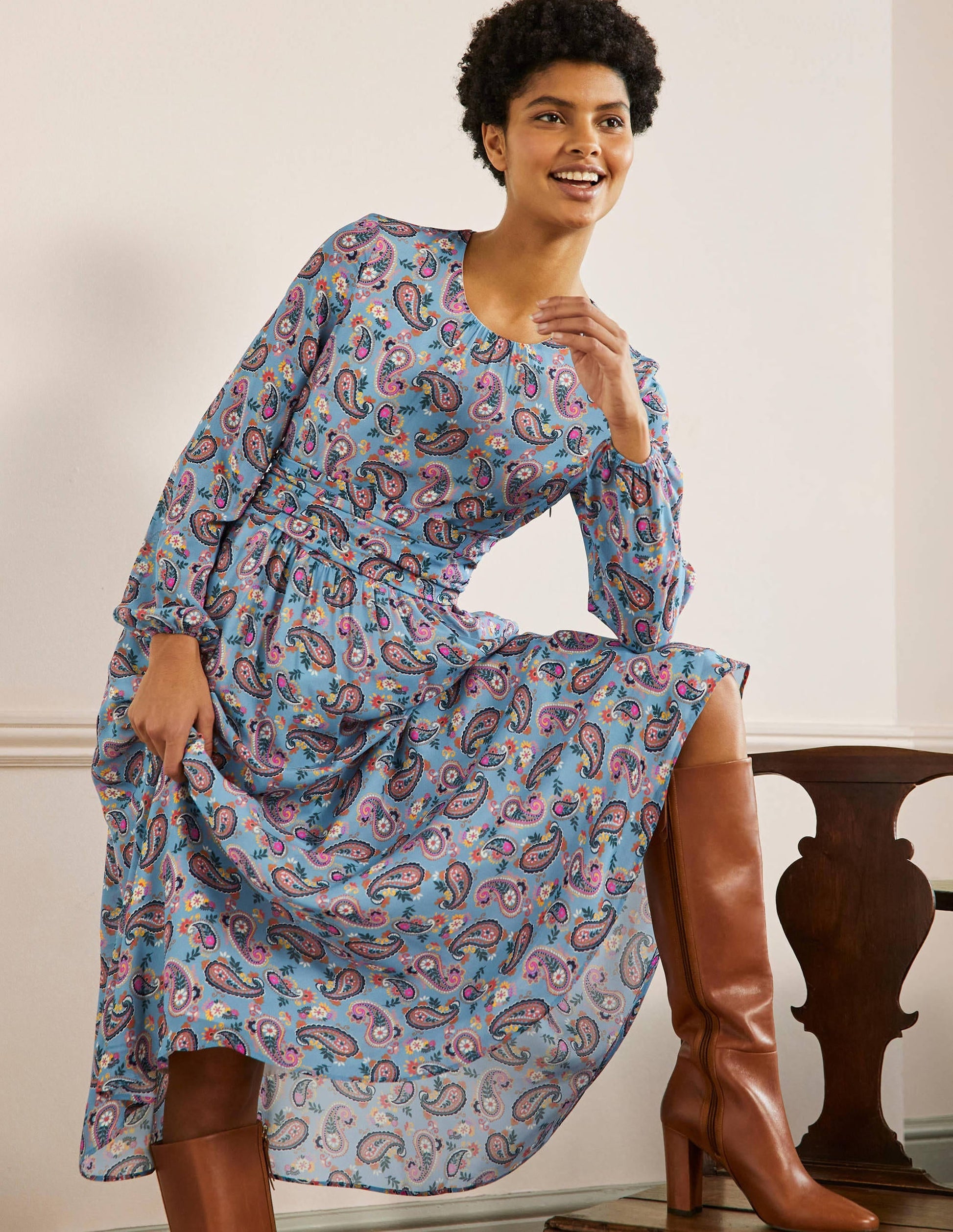 Ruched Waist Midi Dress-Dusty Blue, Paisley Bloom-4