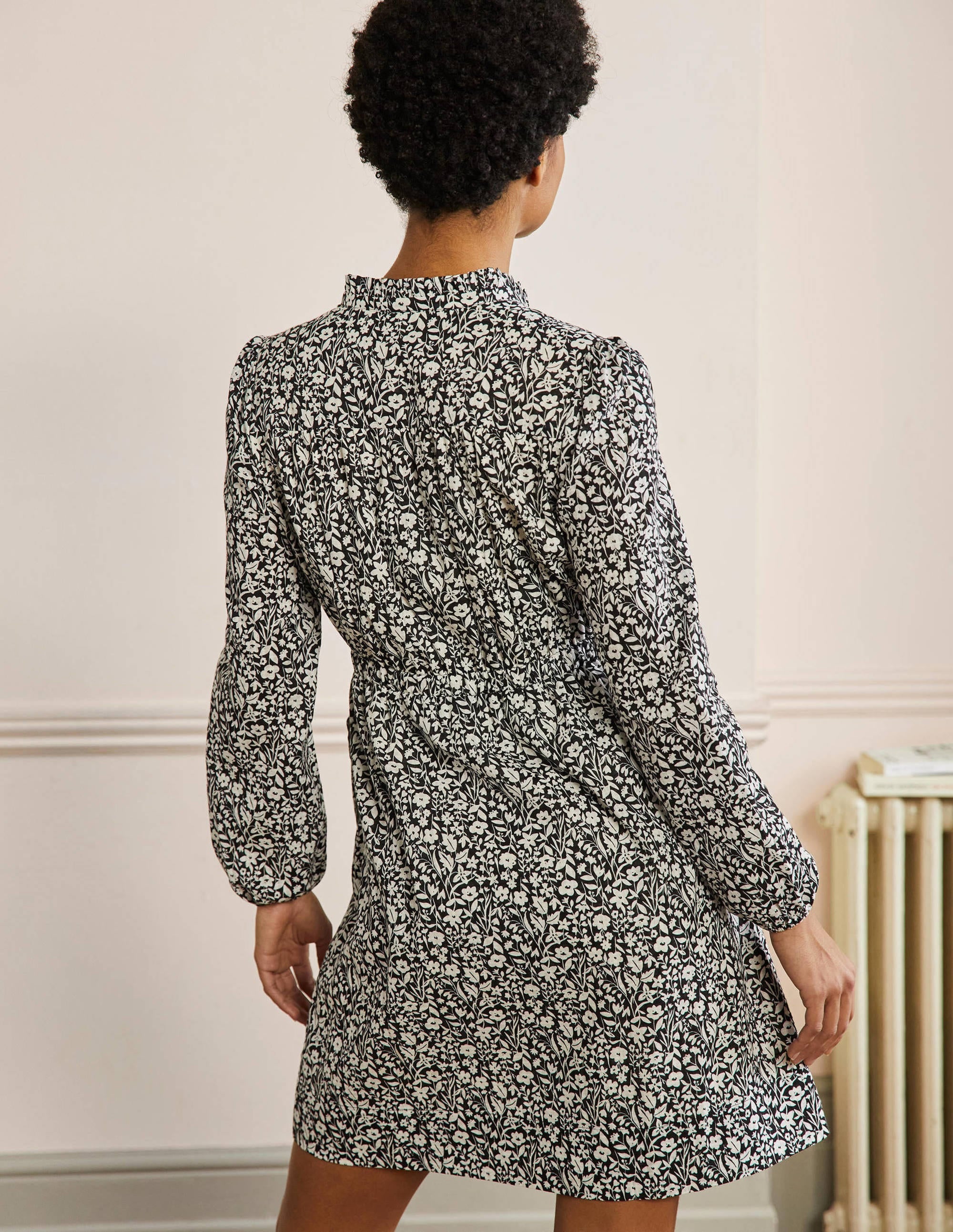 Notch Neck Mini Tea Dress-Black, Wildflower Sprig - Image 3