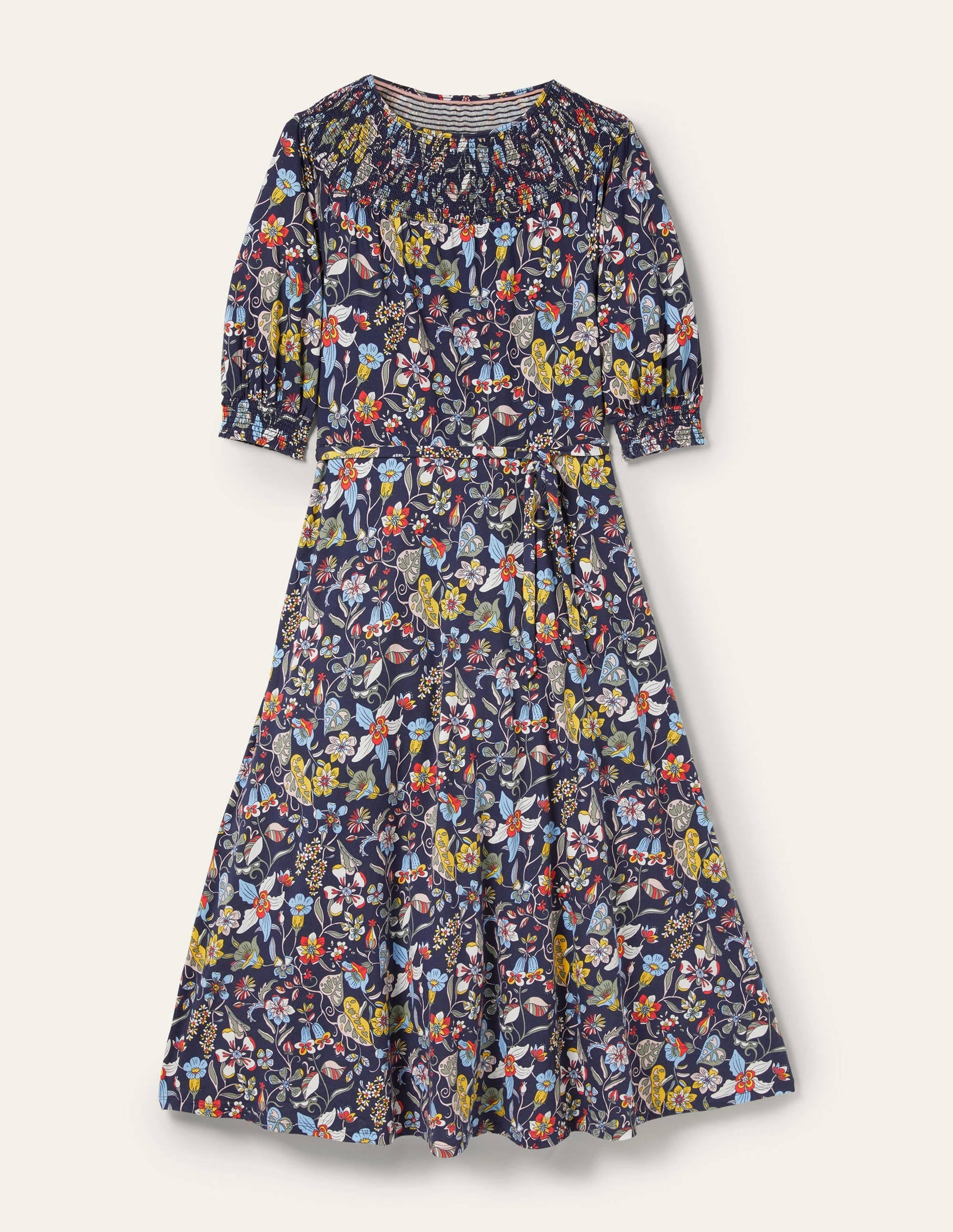 Smocked Neck Jersey Midi Dress-French Navy Floral-6