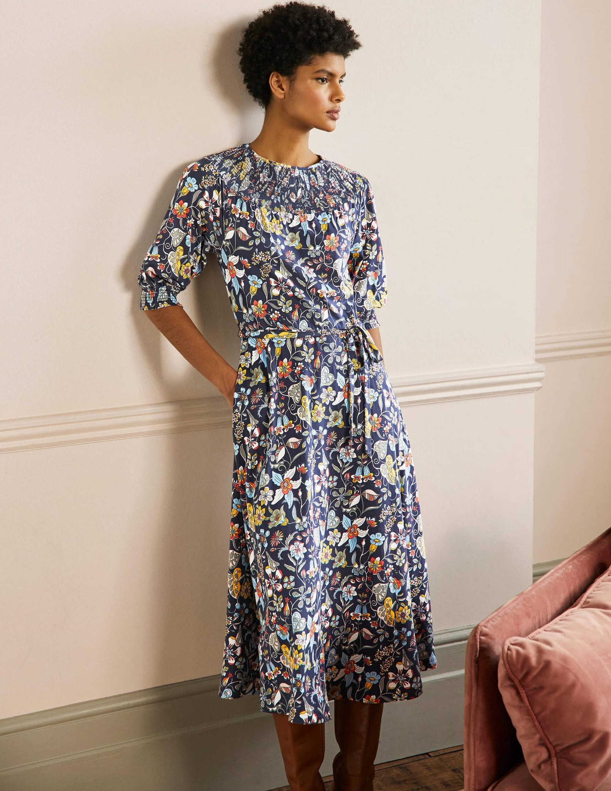 Smocked Neck Jersey Midi Dress-French Navy Floral-4