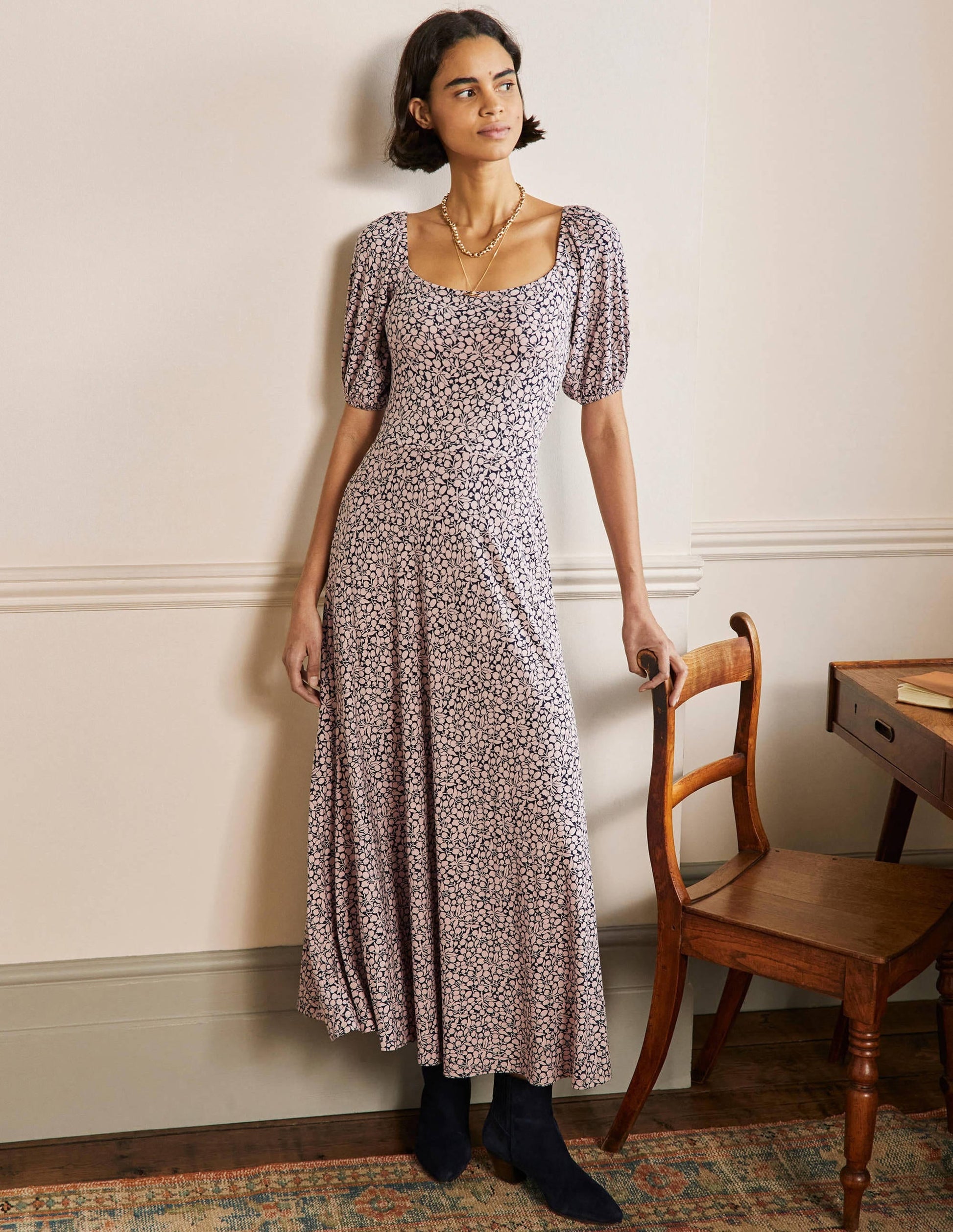 Square Neck Jersey Maxi Dress-Milkshake, Flora Sprig-1