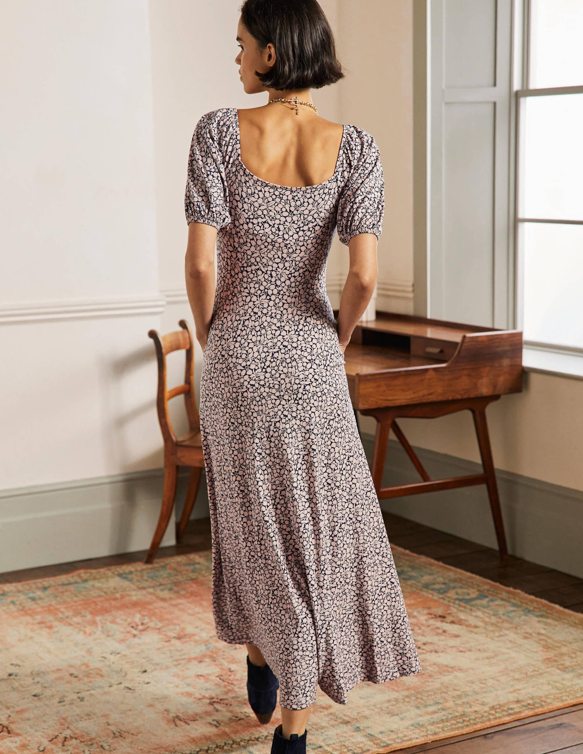 Square Neck Jersey Maxi Dress-Milkshake, Flora Sprig - Image 3