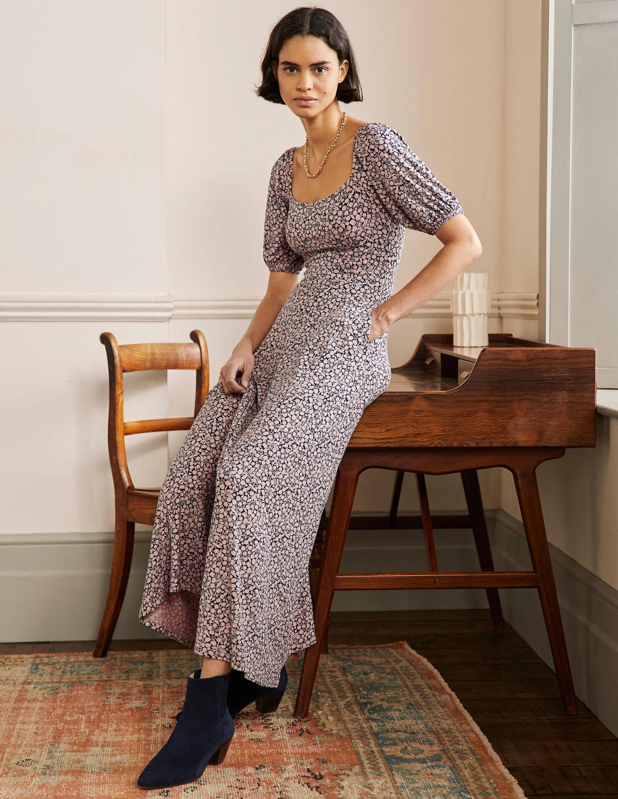 Square Neck Jersey Maxi Dress-Milkshake, Flora Sprig - Image 4