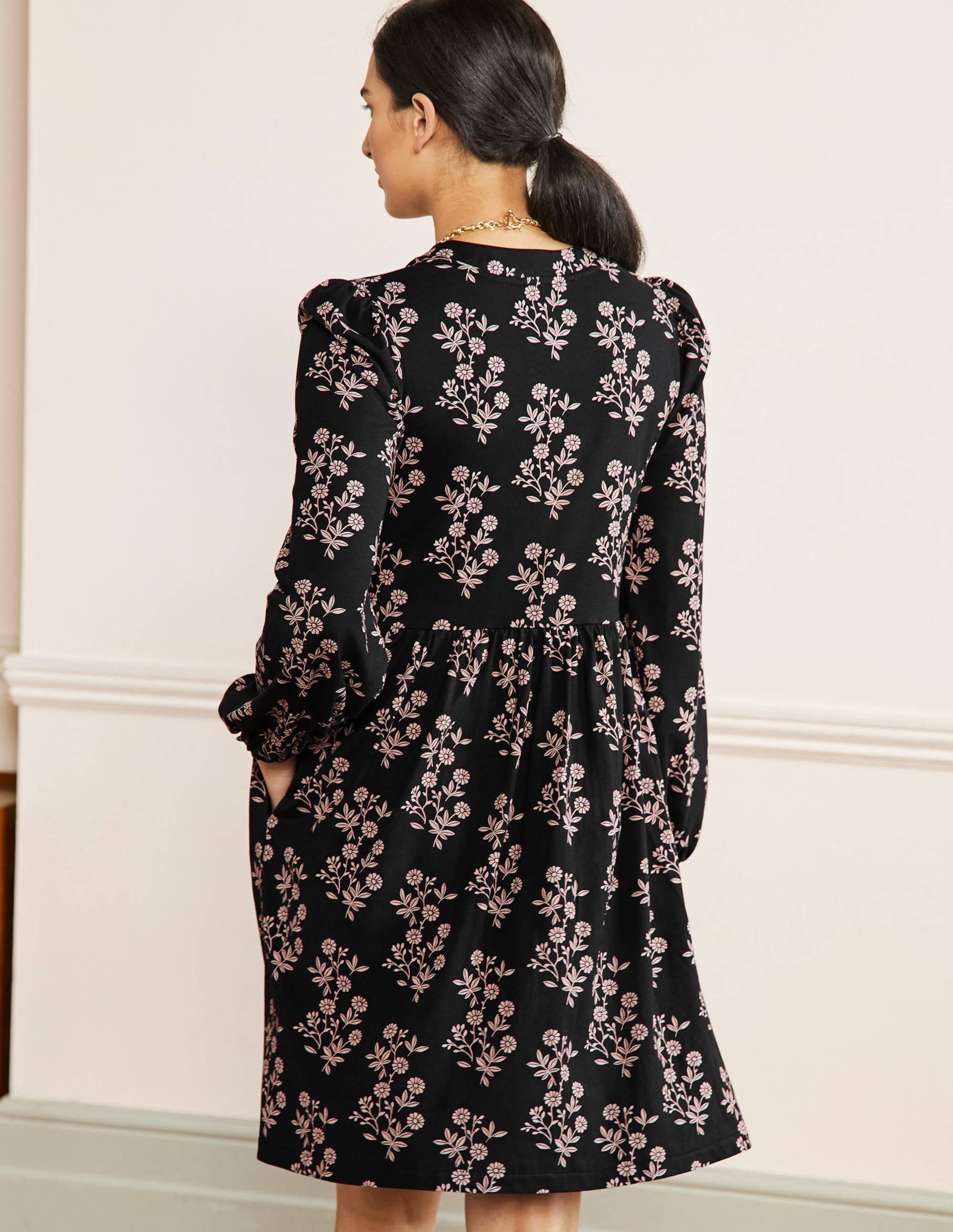 Button Through Jersey Dress-Black, Leafy Cluster - Image 3