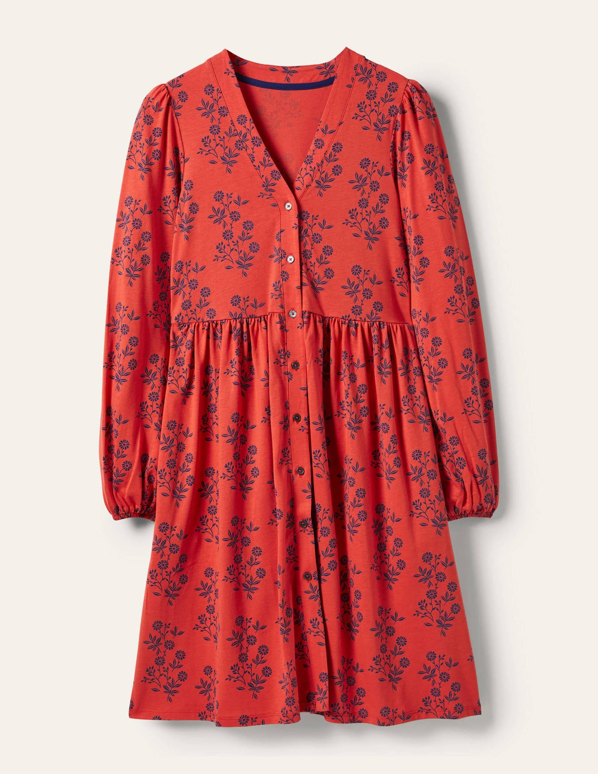 Button Through Jersey Dress-Red, Leafy Cluster-6