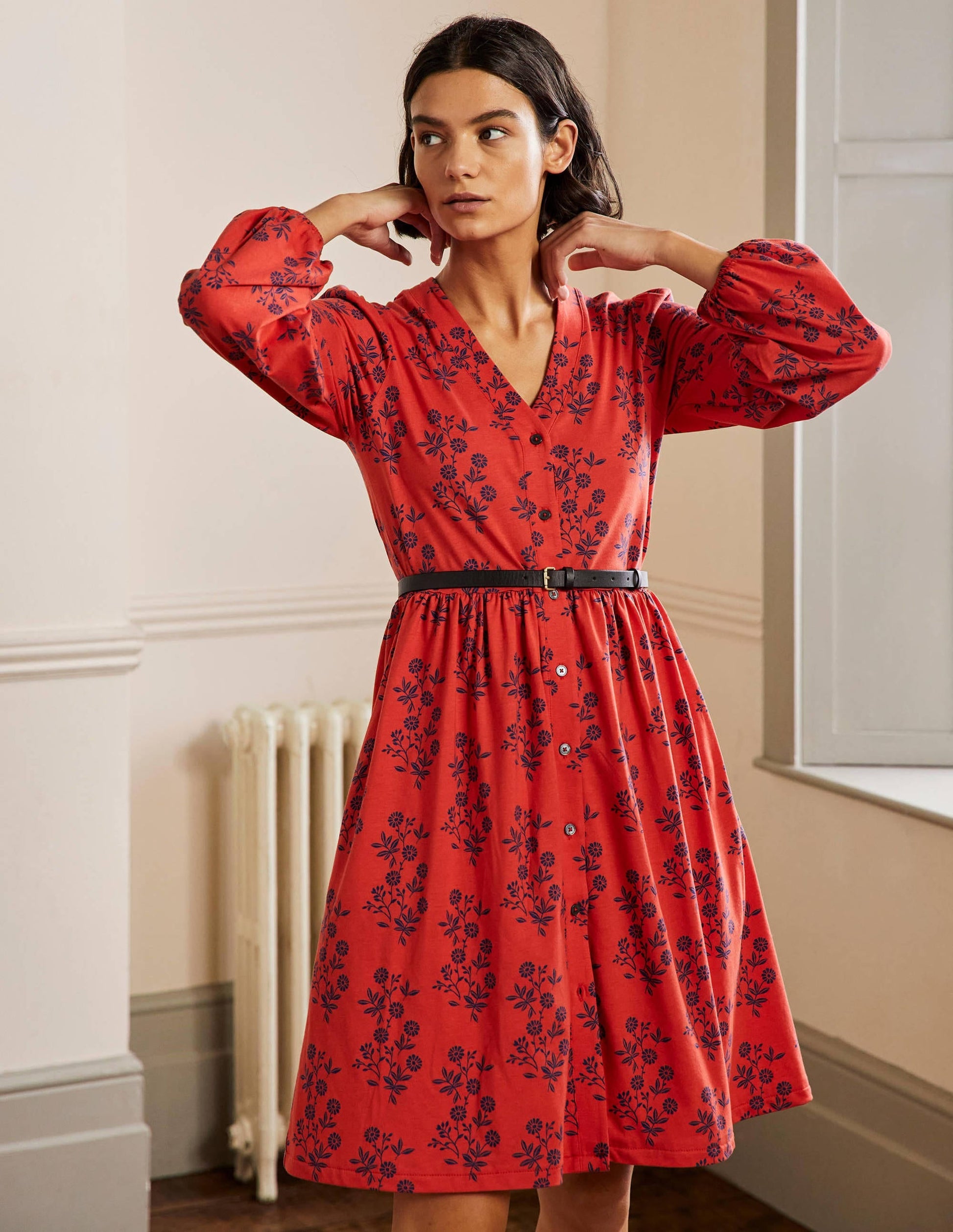 Button Through Jersey Dress-Red, Leafy Cluster-1