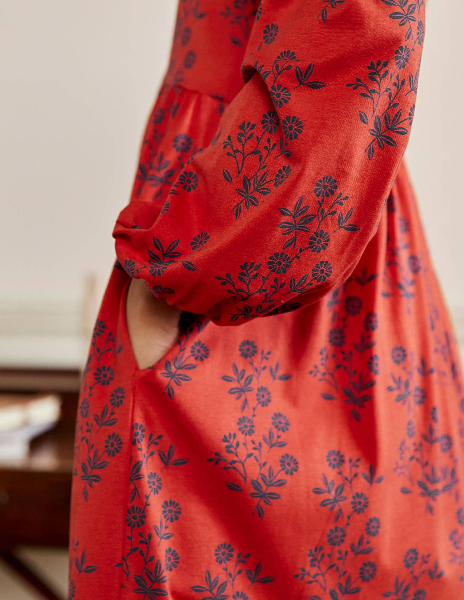 Button Through Jersey Dress-Red, Leafy Cluster-2