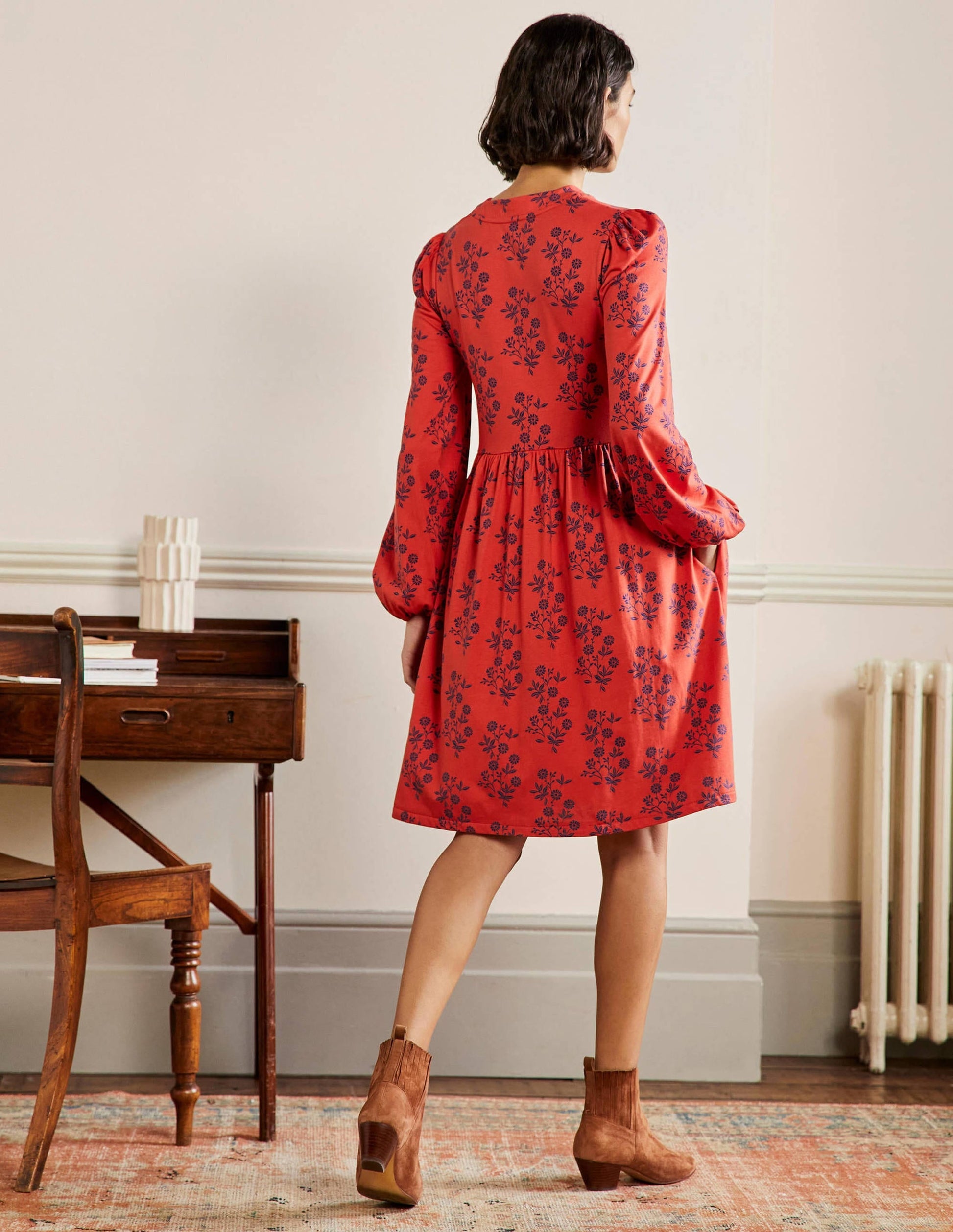Button Through Jersey Dress-Red, Leafy Cluster-3