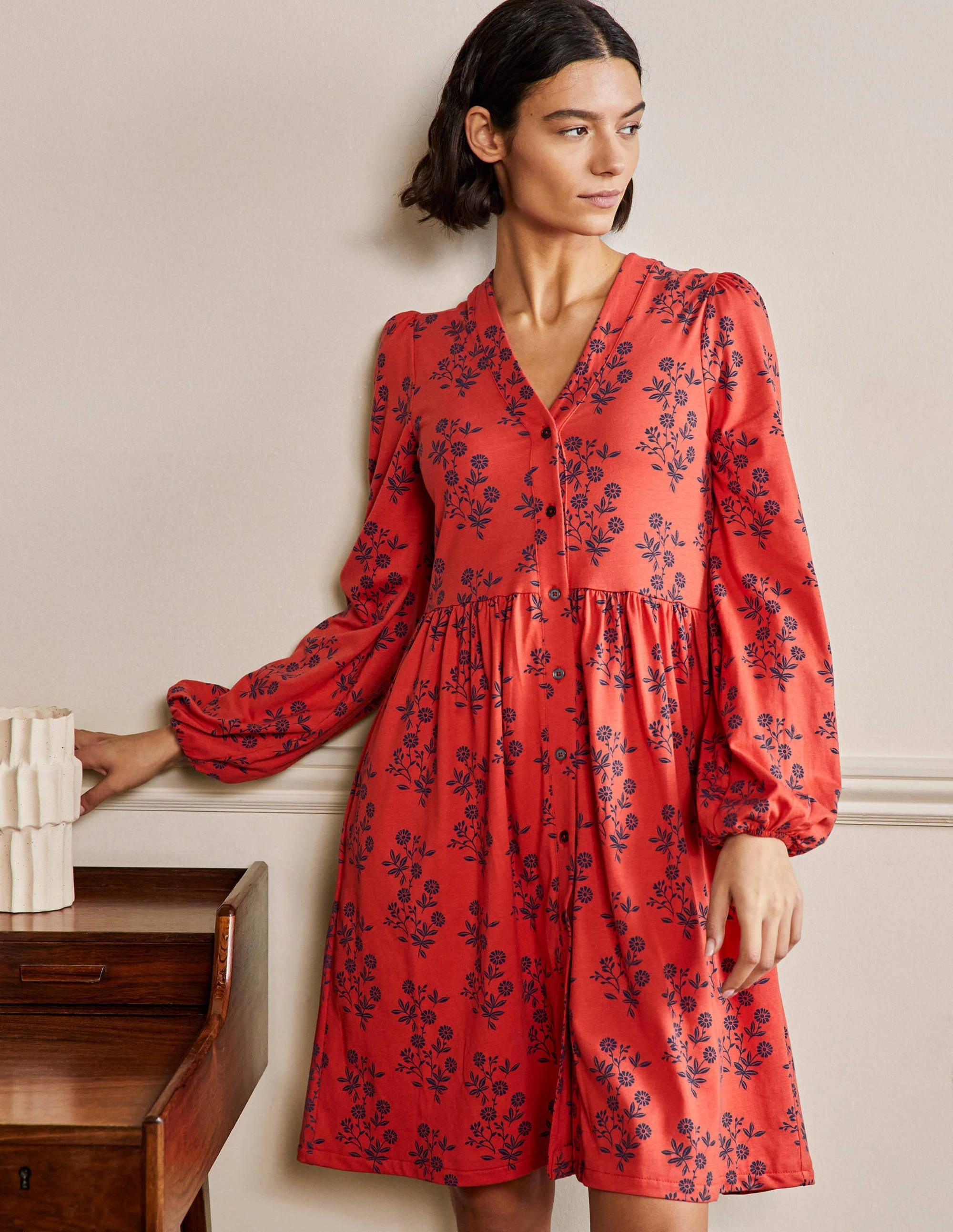 Button Through Jersey Dress-Red, Leafy Cluster - Image 4