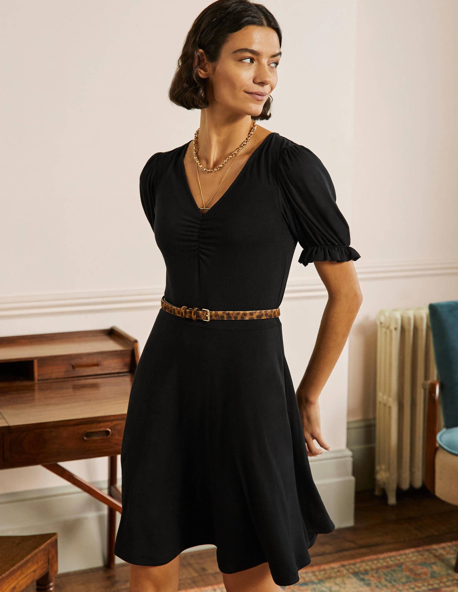V-Neck Jersey Dress-Black-1
