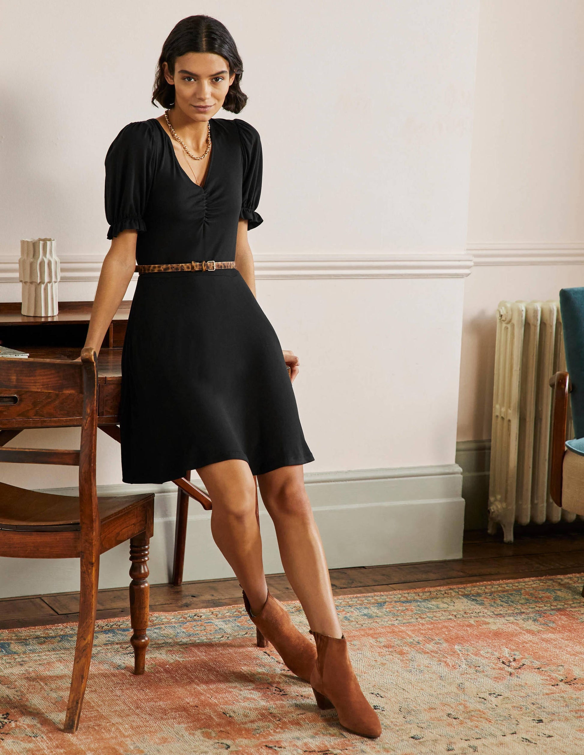 V-Neck Jersey Dress-Black-4