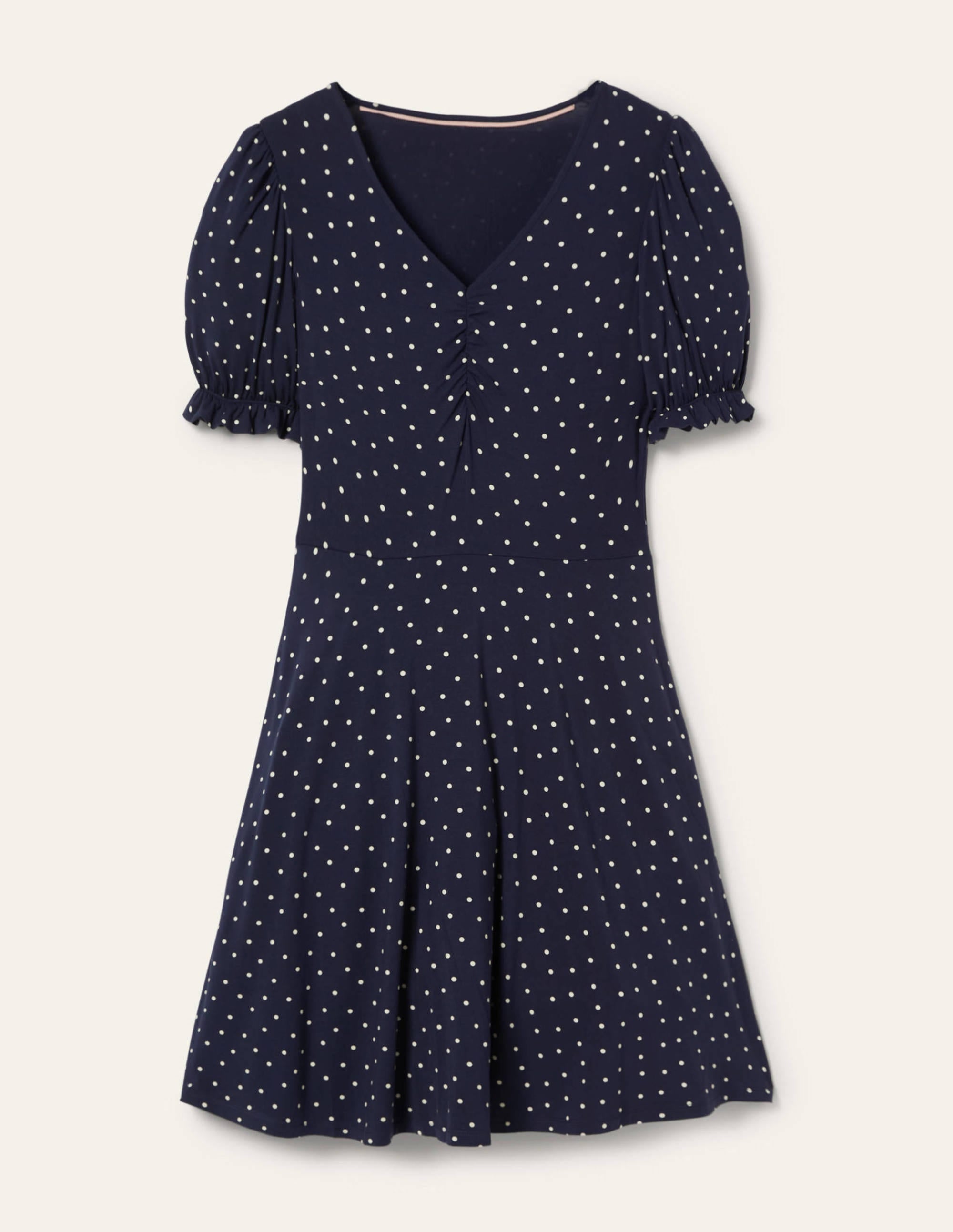 V-Neck Jersey Dress-Navy, Pin Dot - Image 5