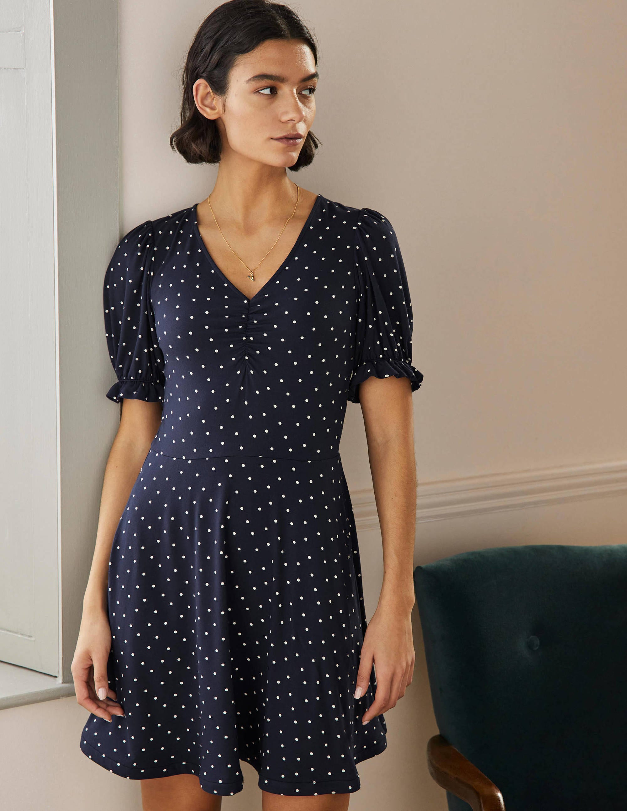 V-Neck Jersey Dress-Navy, Pin Dot - Image 1