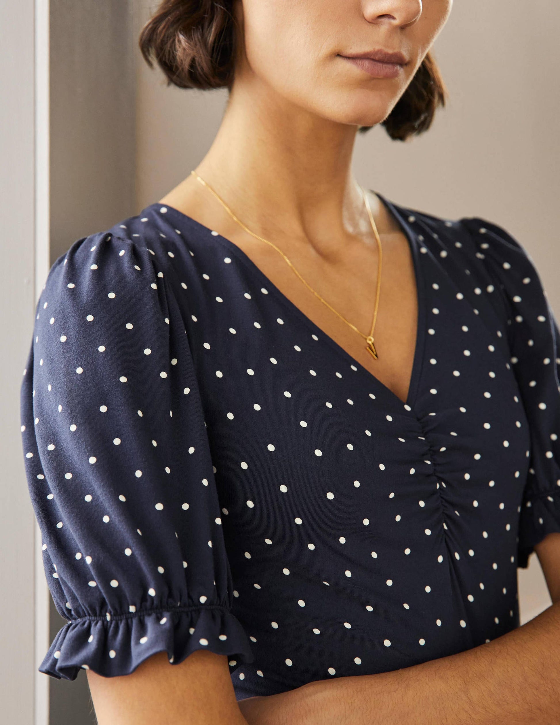 V-Neck Jersey Dress-Navy, Pin Dot-2