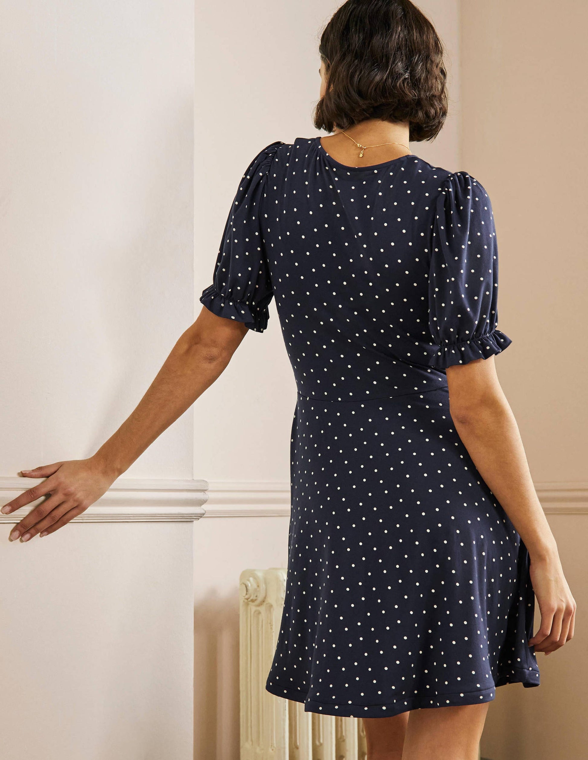 V-Neck Jersey Dress-Navy, Pin Dot-3