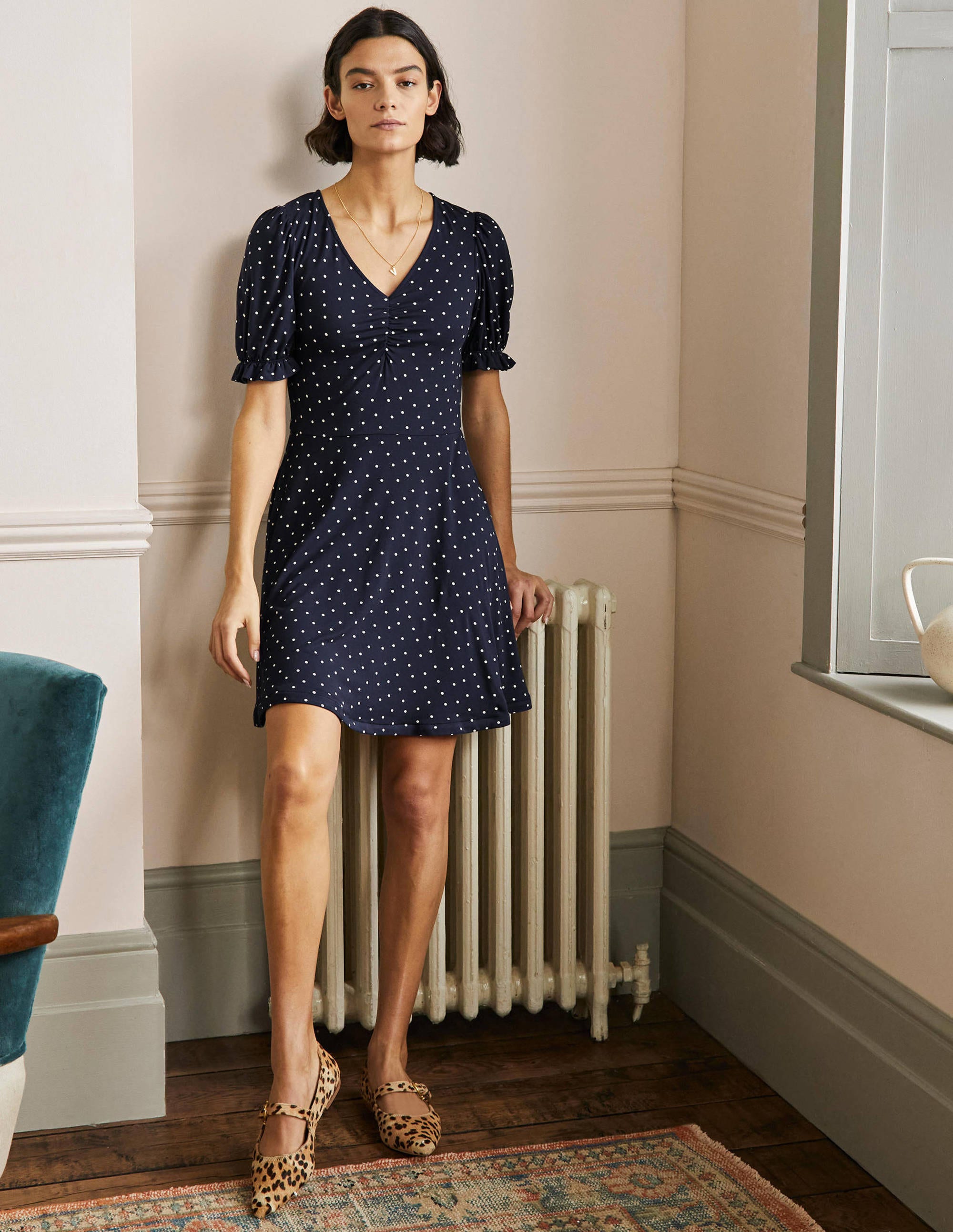 V-Neck Jersey Dress-Navy, Pin Dot - Image 4