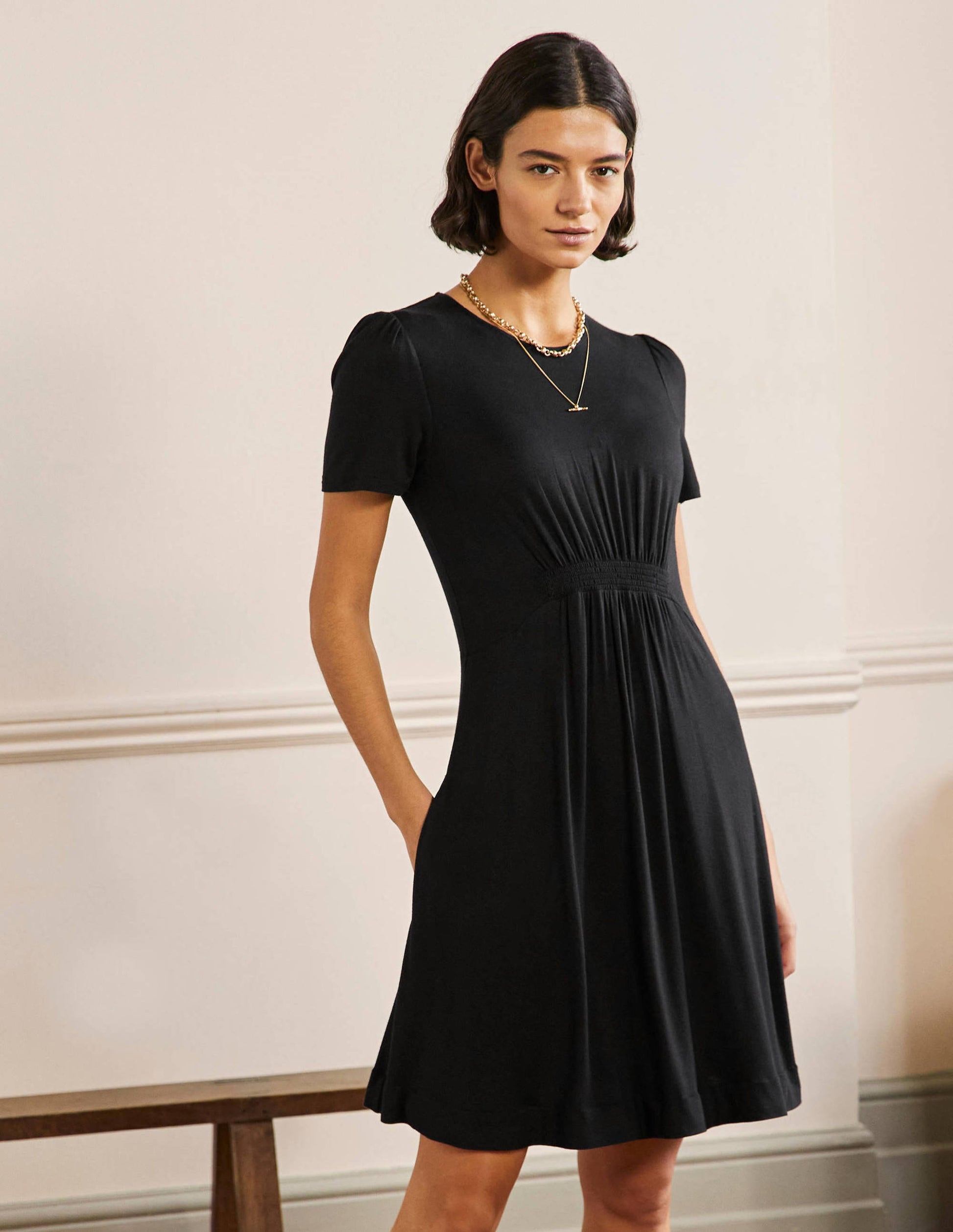 Crew Neck Jersey Dress-Black-1