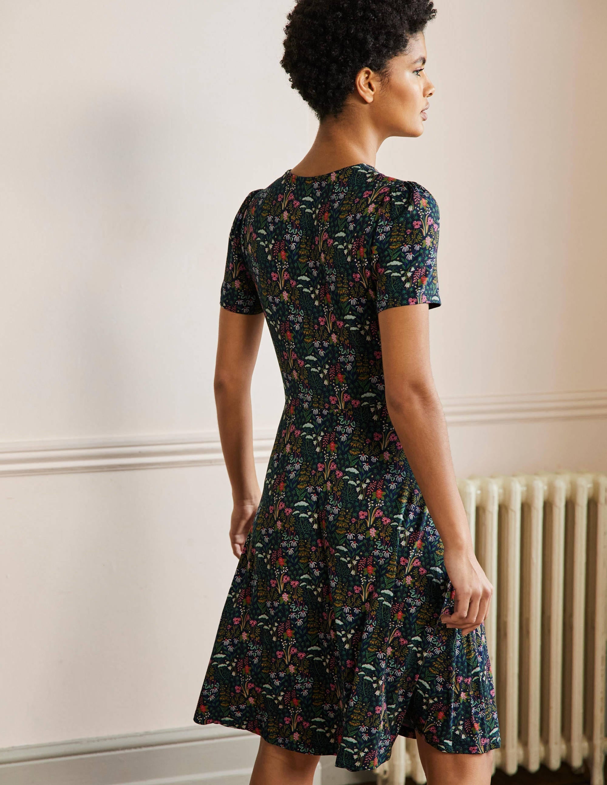 Crew Neck Jersey Dress-French Navy, Wildflower Bloom - Image 3