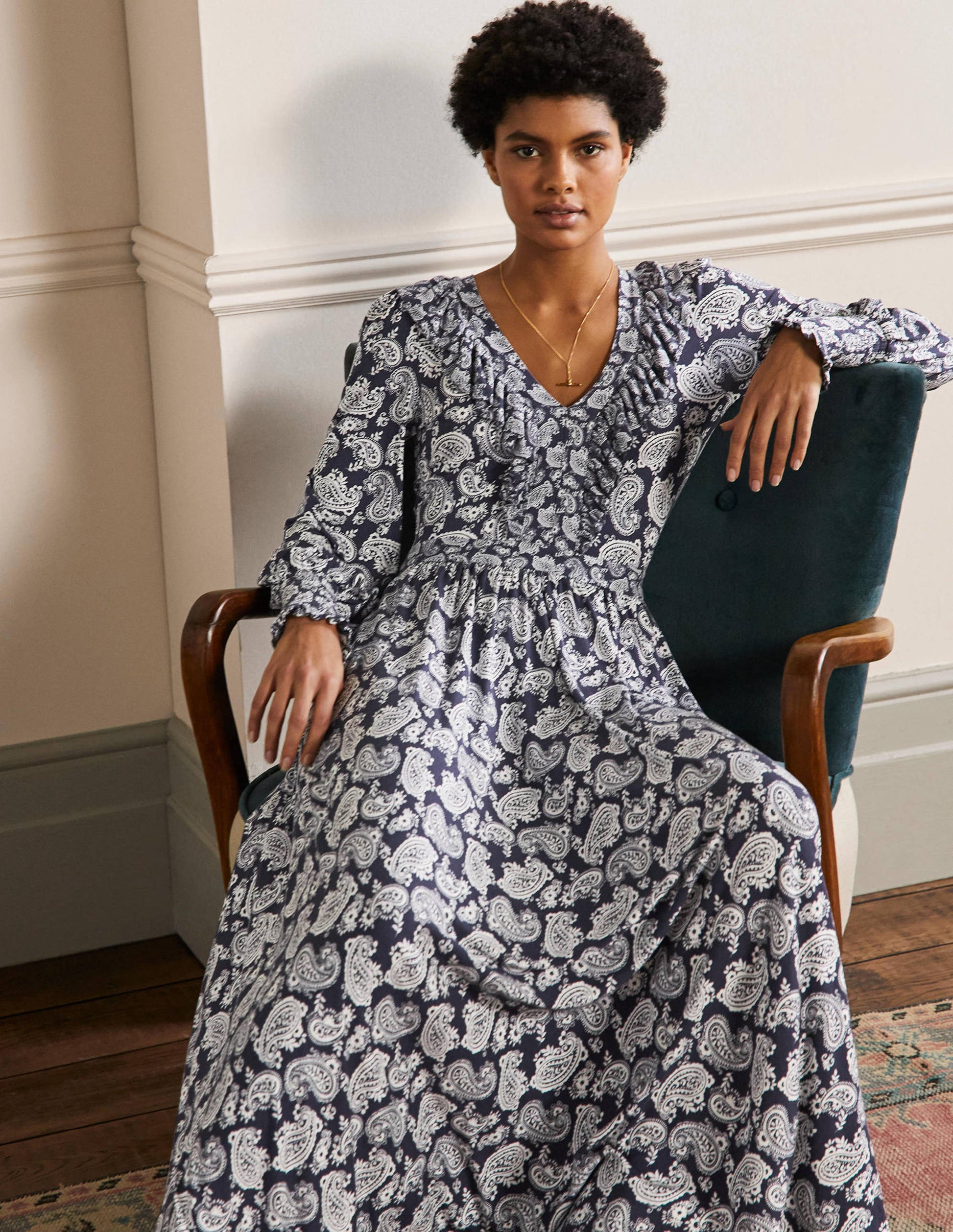 Ruffle Jersey Maxi Dress-French Navy, Paisley Bloom-4