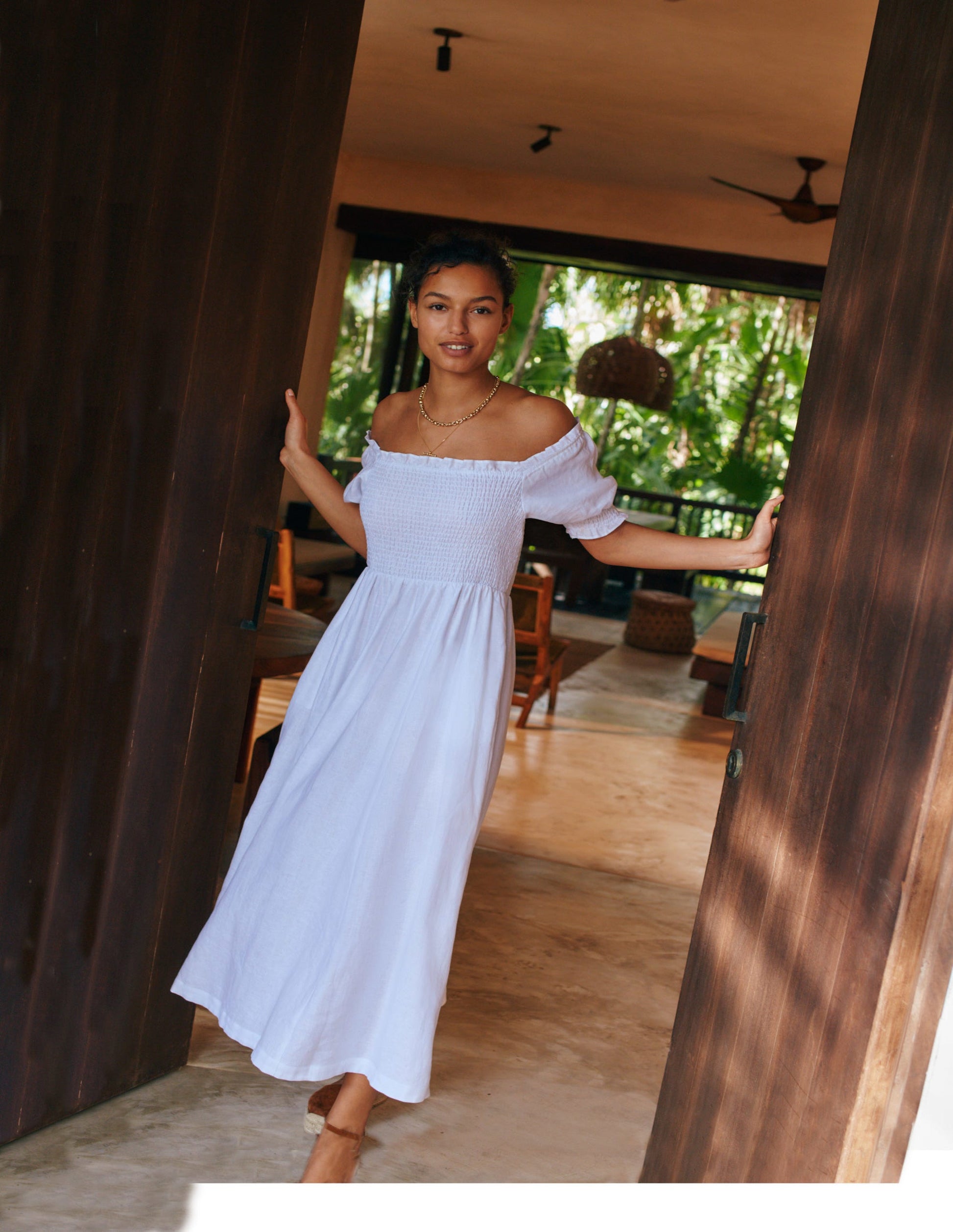 Smocked Bodice Midi Dress-White-7