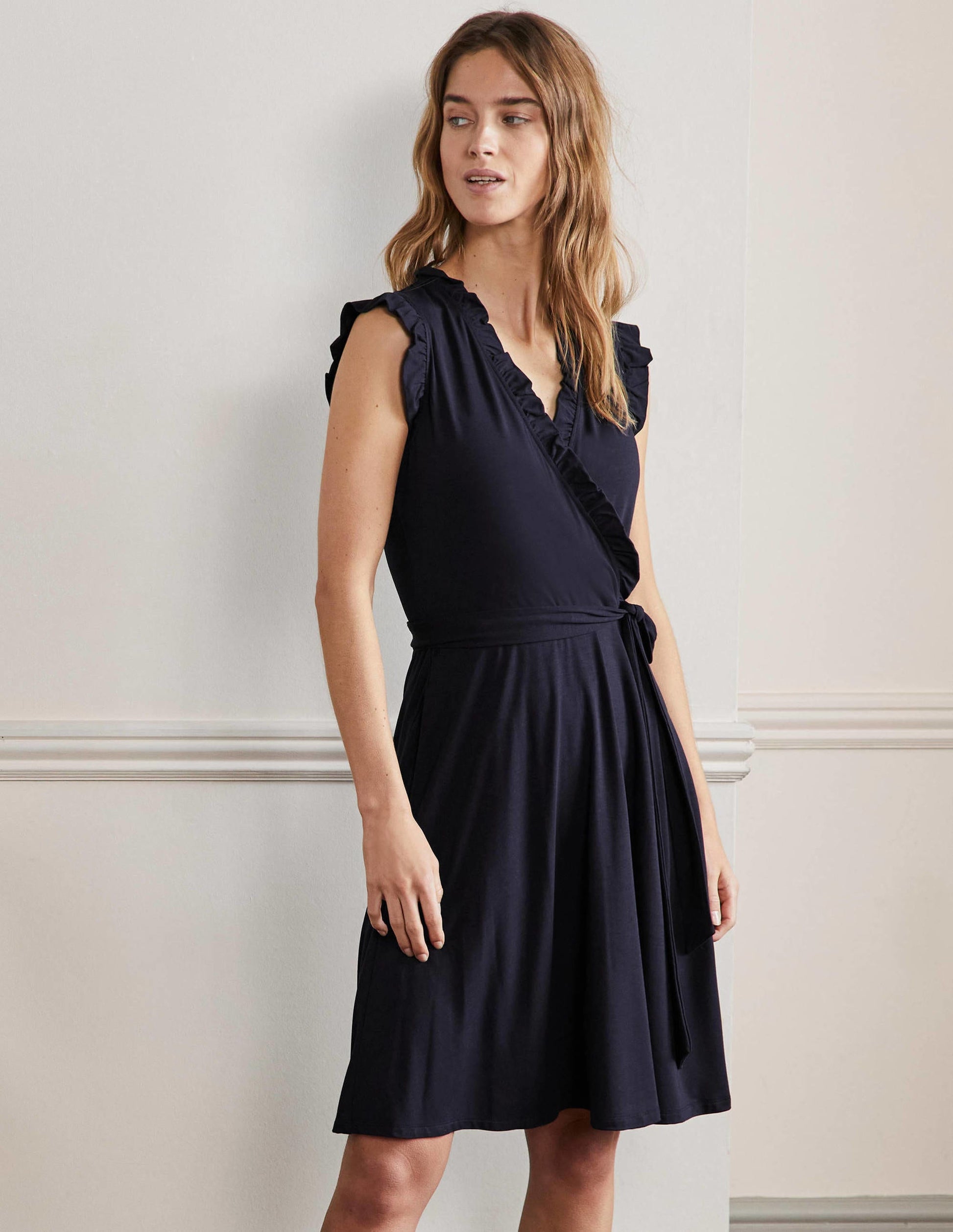 Ruffle Fixed Wrap Jersey Dress-Navy-1