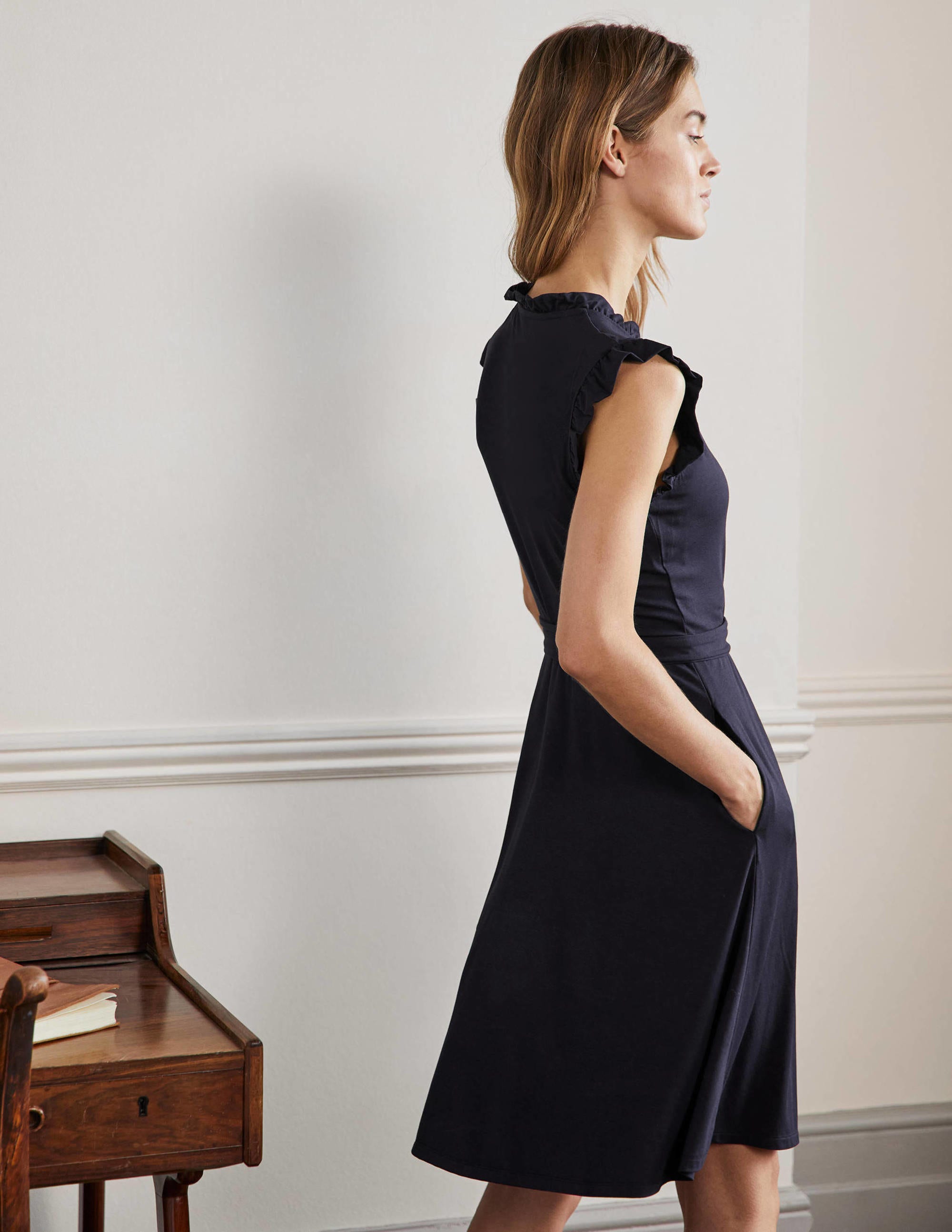 Ruffle Fixed Wrap Jersey Dress-Navy - Image 3