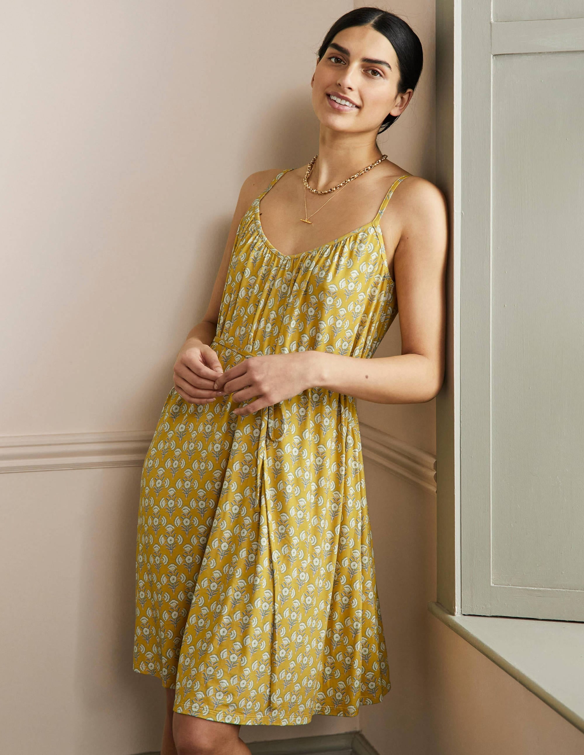 Strappy Jersey Dress-Olive Oil, Poppy Geo - Image 1
