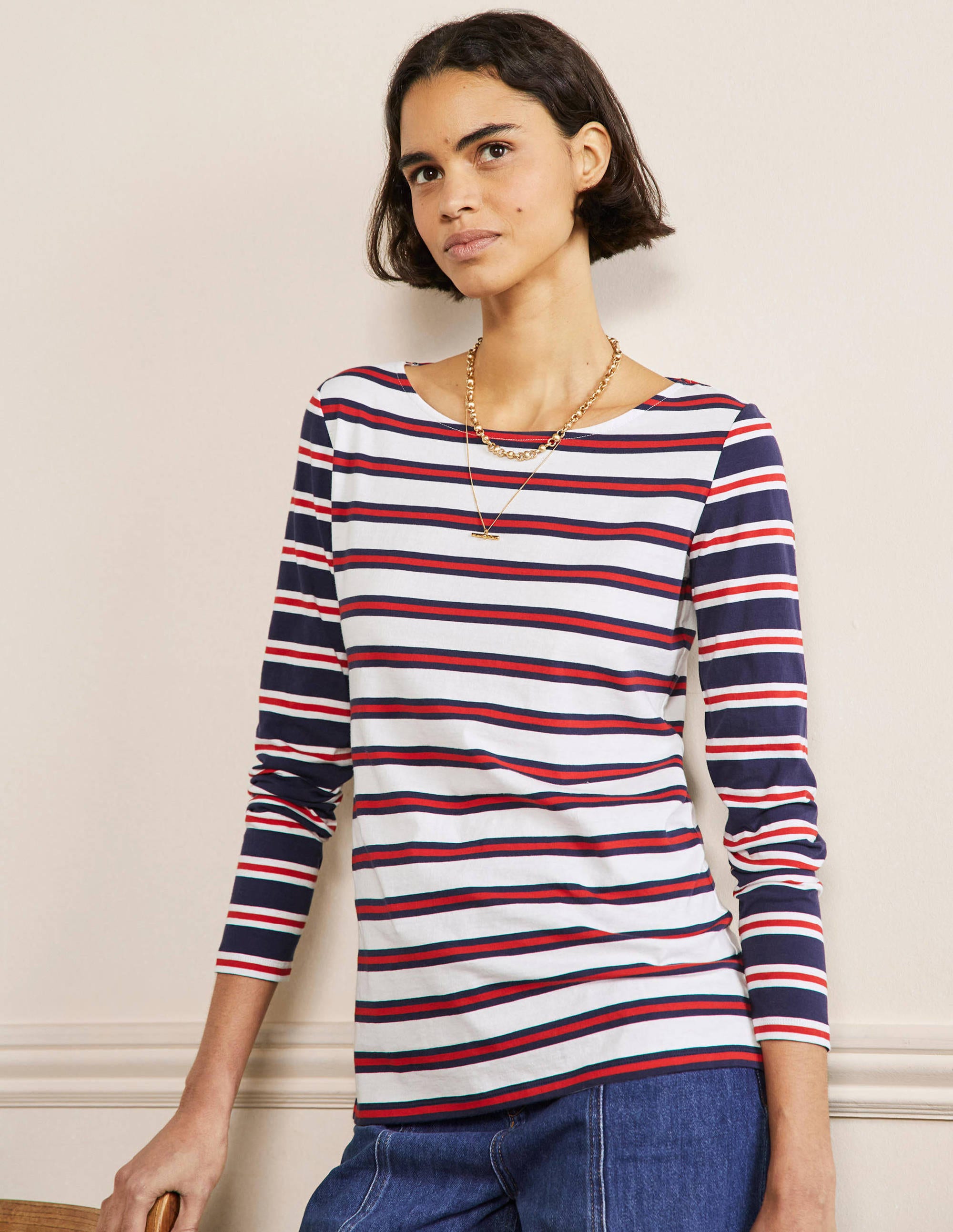 Long Sleeve Breton Top-Ivory, Red and Navy Stripe - Image 1