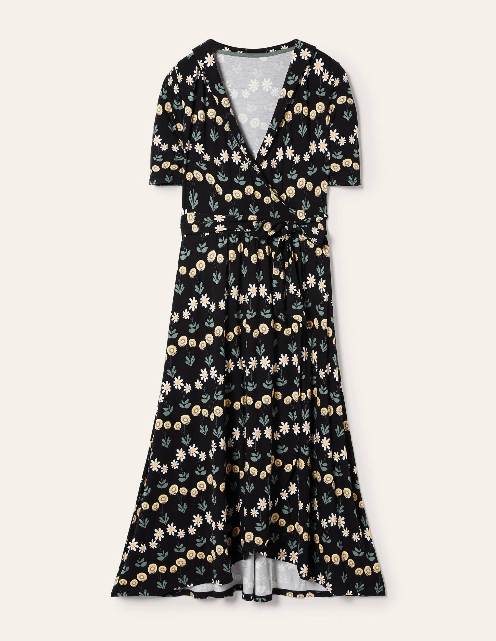 Lavinia Jersey Wrap Dress-Black, Delicate Daisy-5