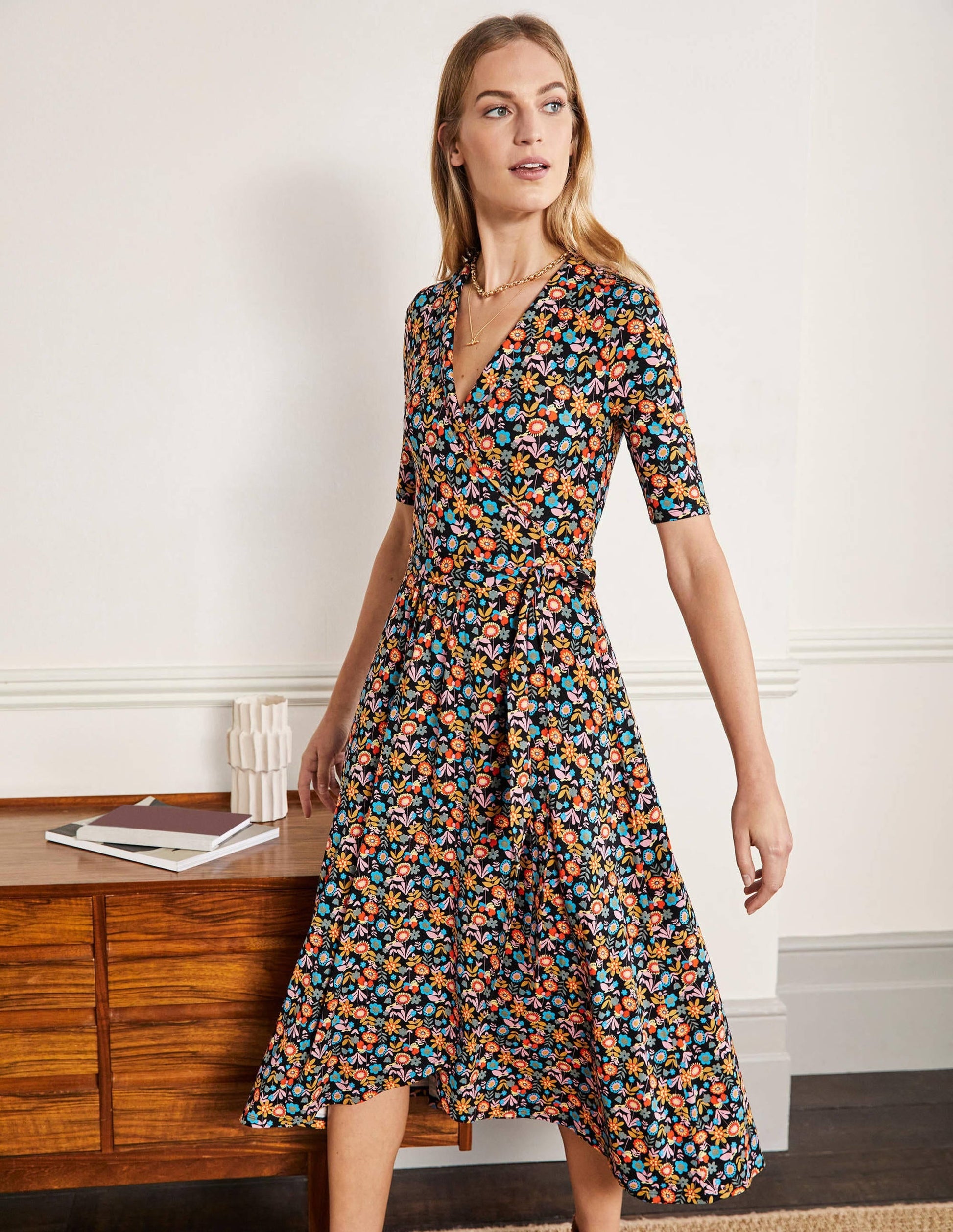 Lavinia Jersey Wrap Dress-Black, Flora Bloom-1