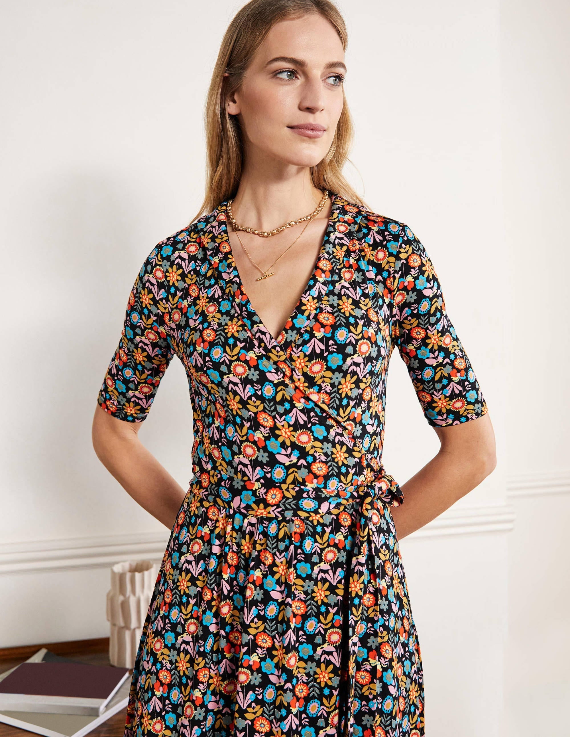 Lavinia Jersey Wrap Dress-Black, Flora Bloom - Image 4