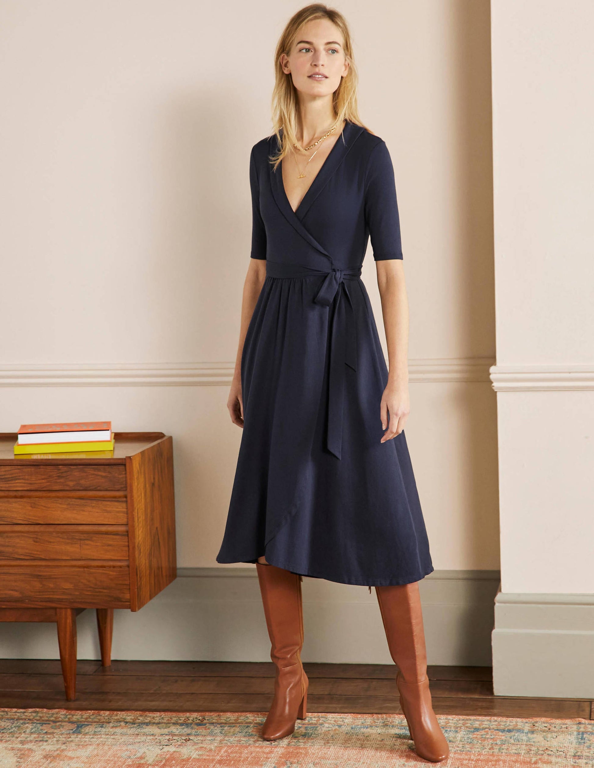 Lavinia Jersey Wrap Dress-Navy-4